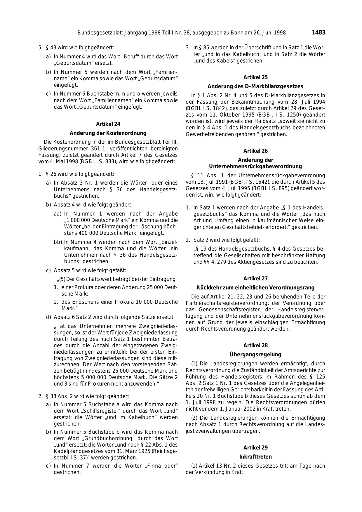 BGBl. 1998, Seite 1483 — Originalseite als Abbildung