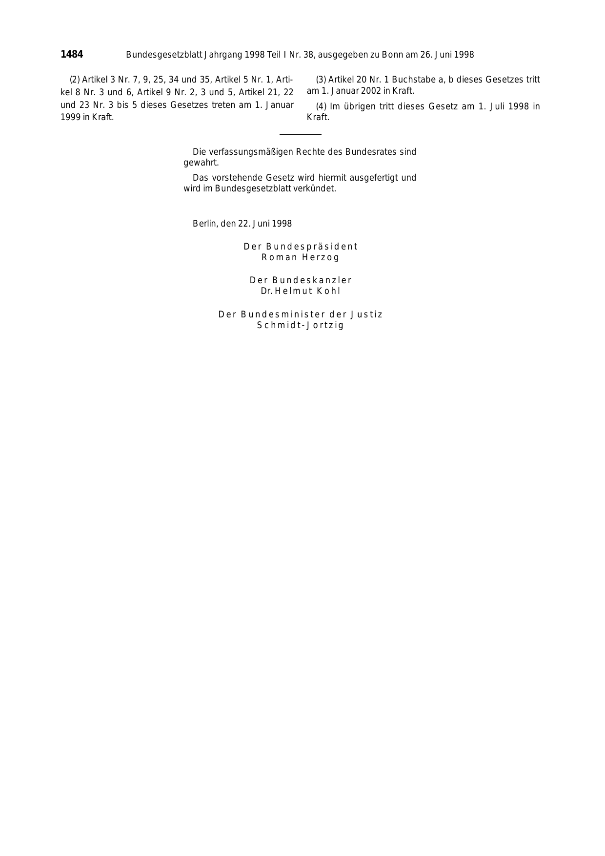 BGBl. 1998, Seite 1484 — Originalseite als Abbildung