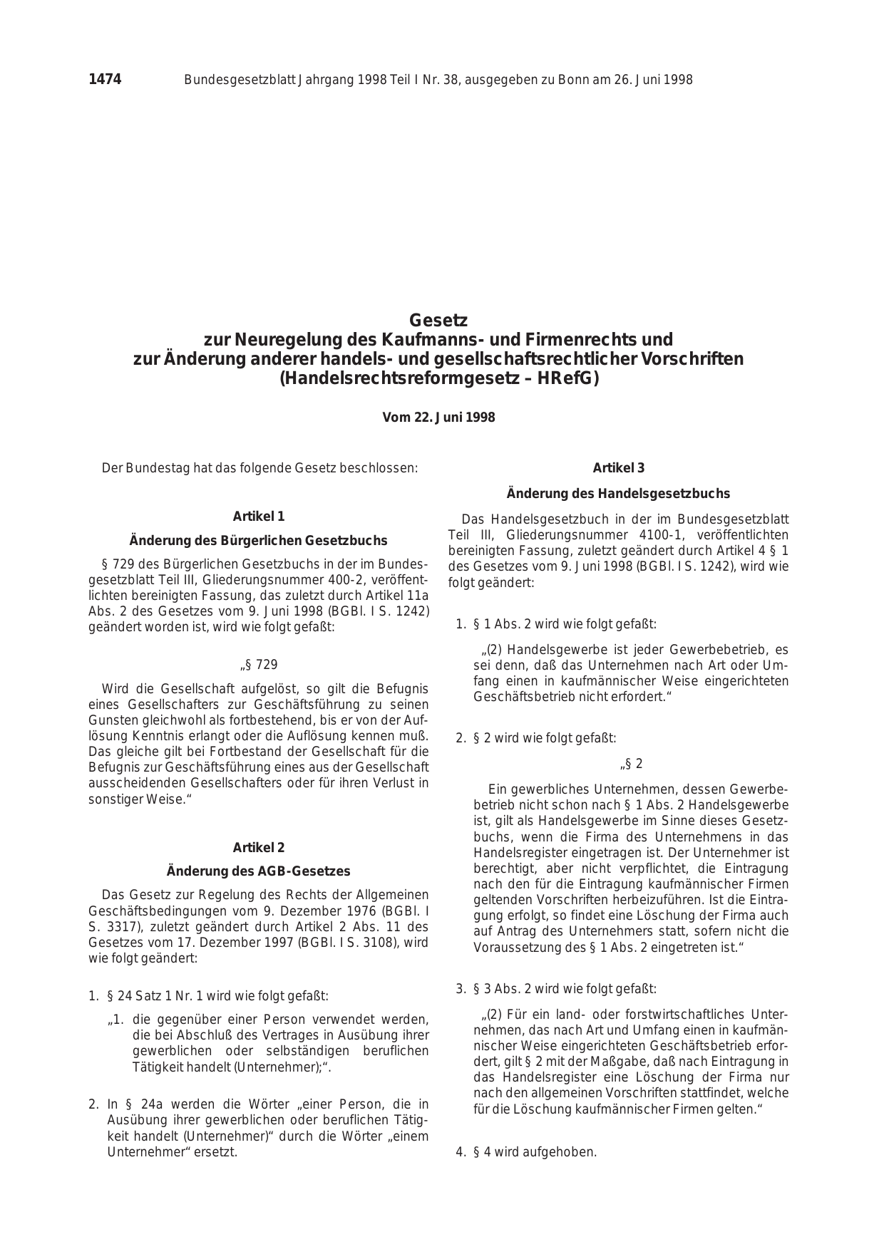 BGBl. 1998, Seite 1474 — Originalseite als Abbildung