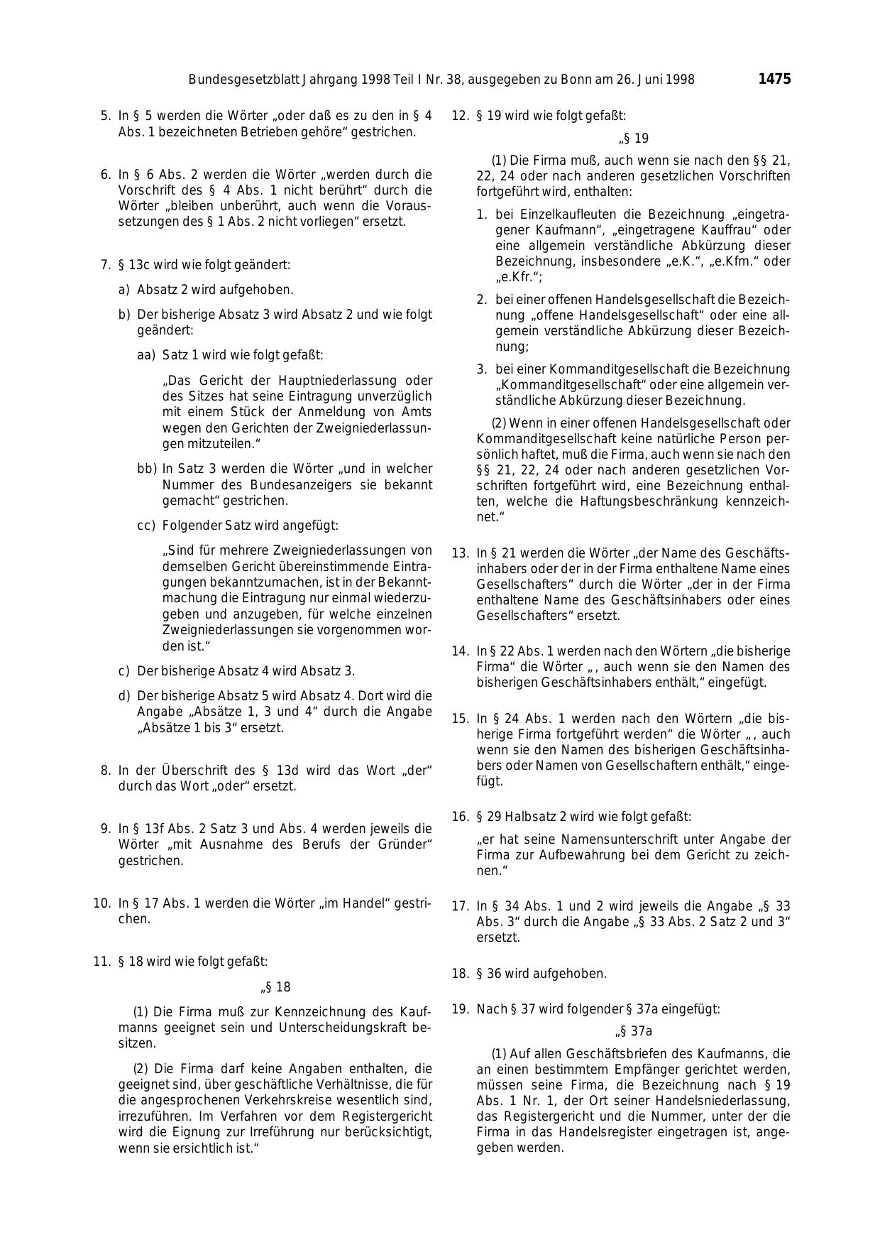 BGBl. 1998, Seite 1475 — Originalseite als Abbildung