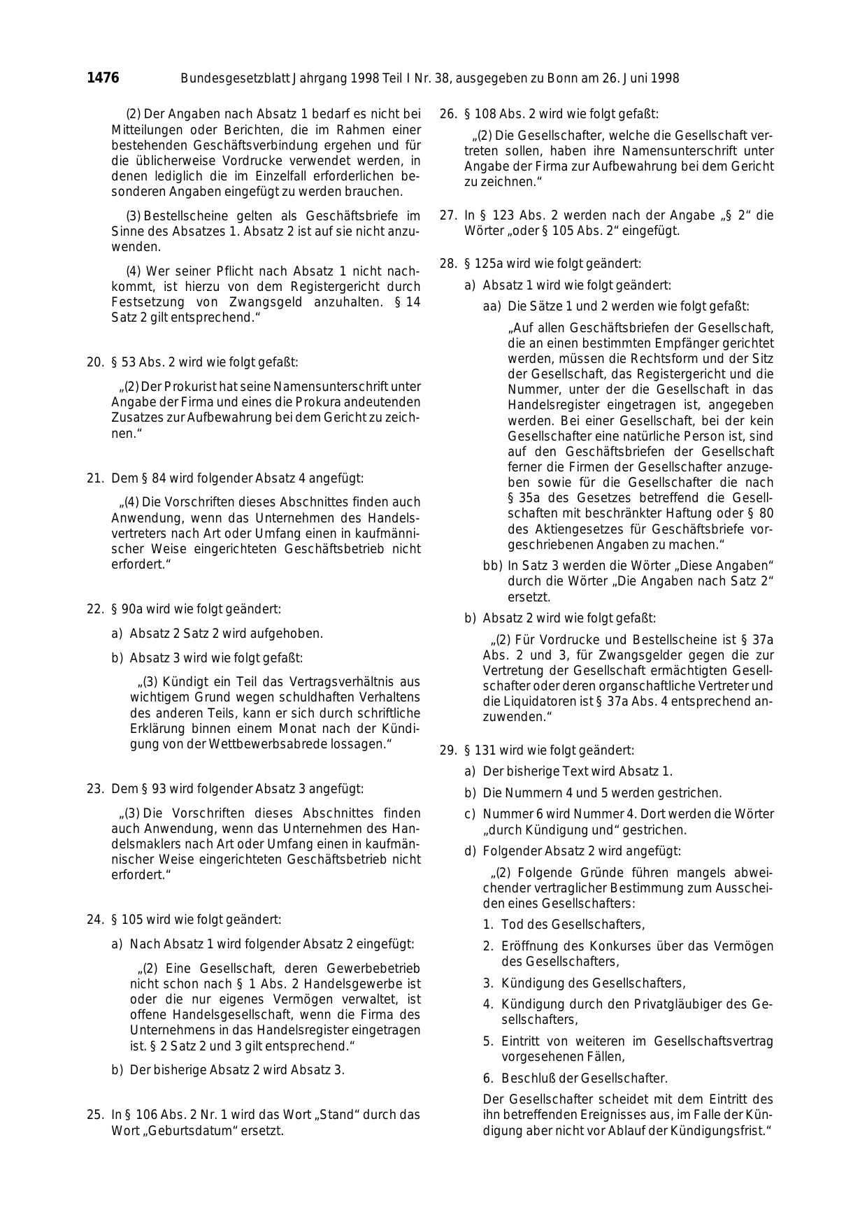 BGBl. 1998, Seite 1476 — Originalseite als Abbildung