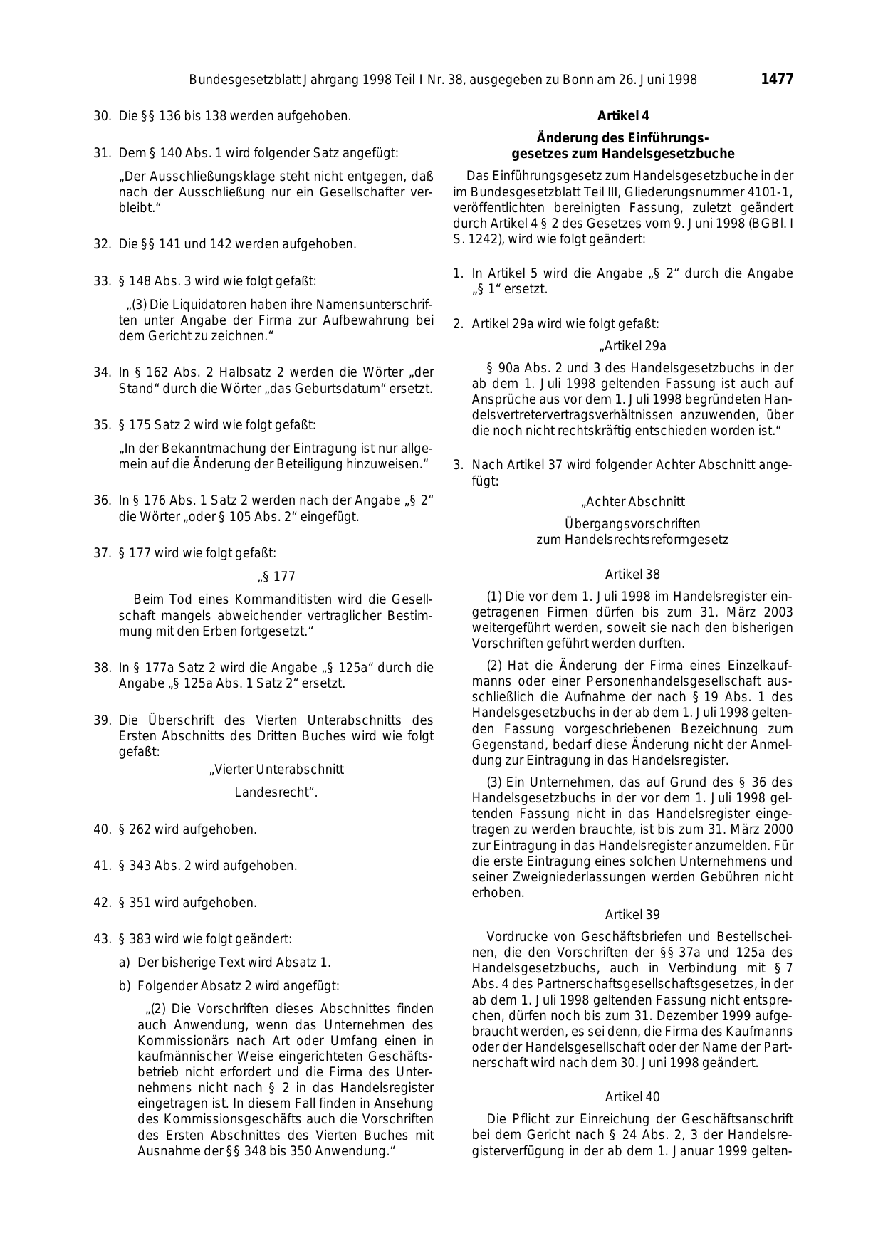 BGBl. 1998, Seite 1477 — Originalseite als Abbildung
