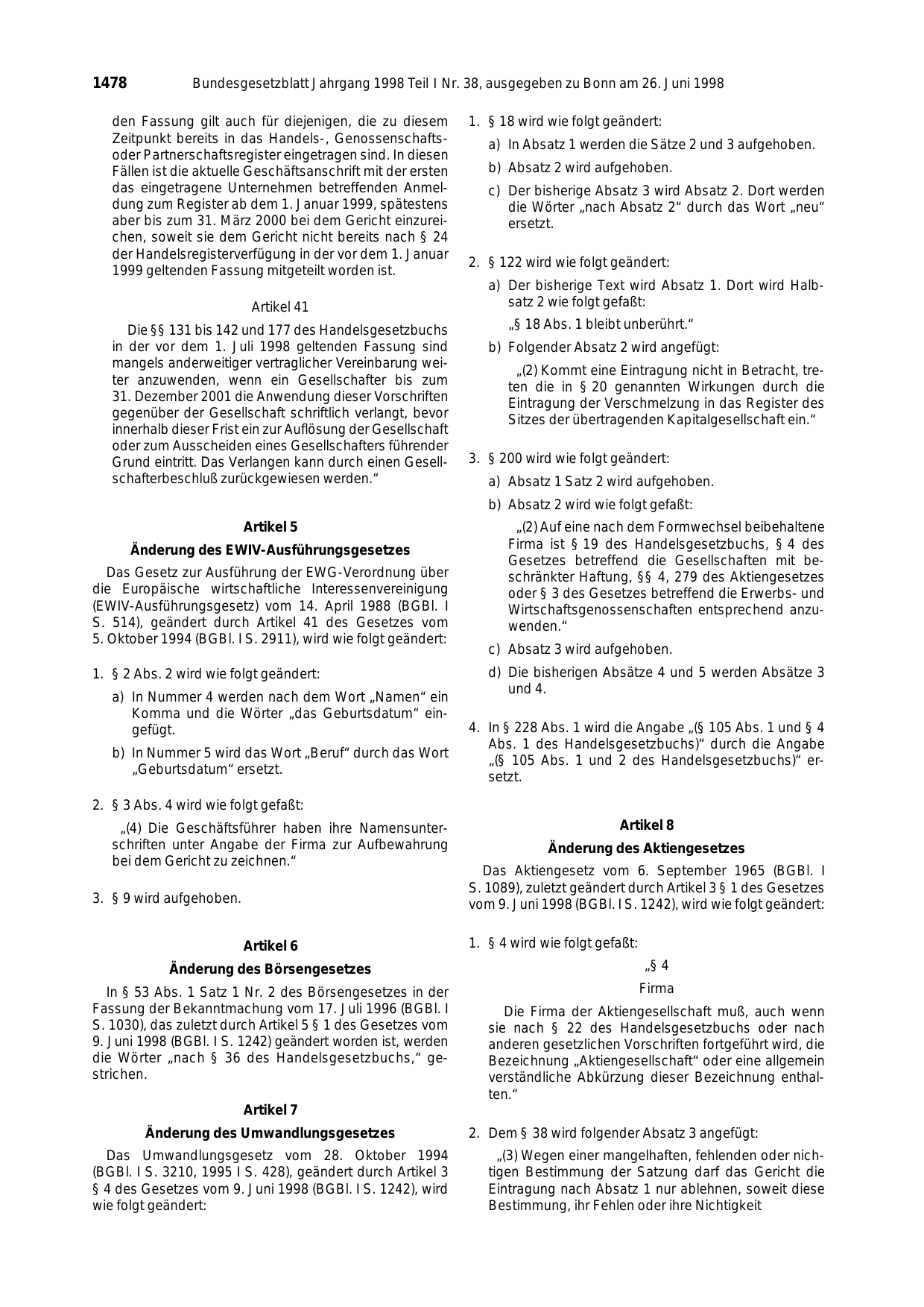 BGBl. 1998, Seite 1478 — Originalseite als Abbildung