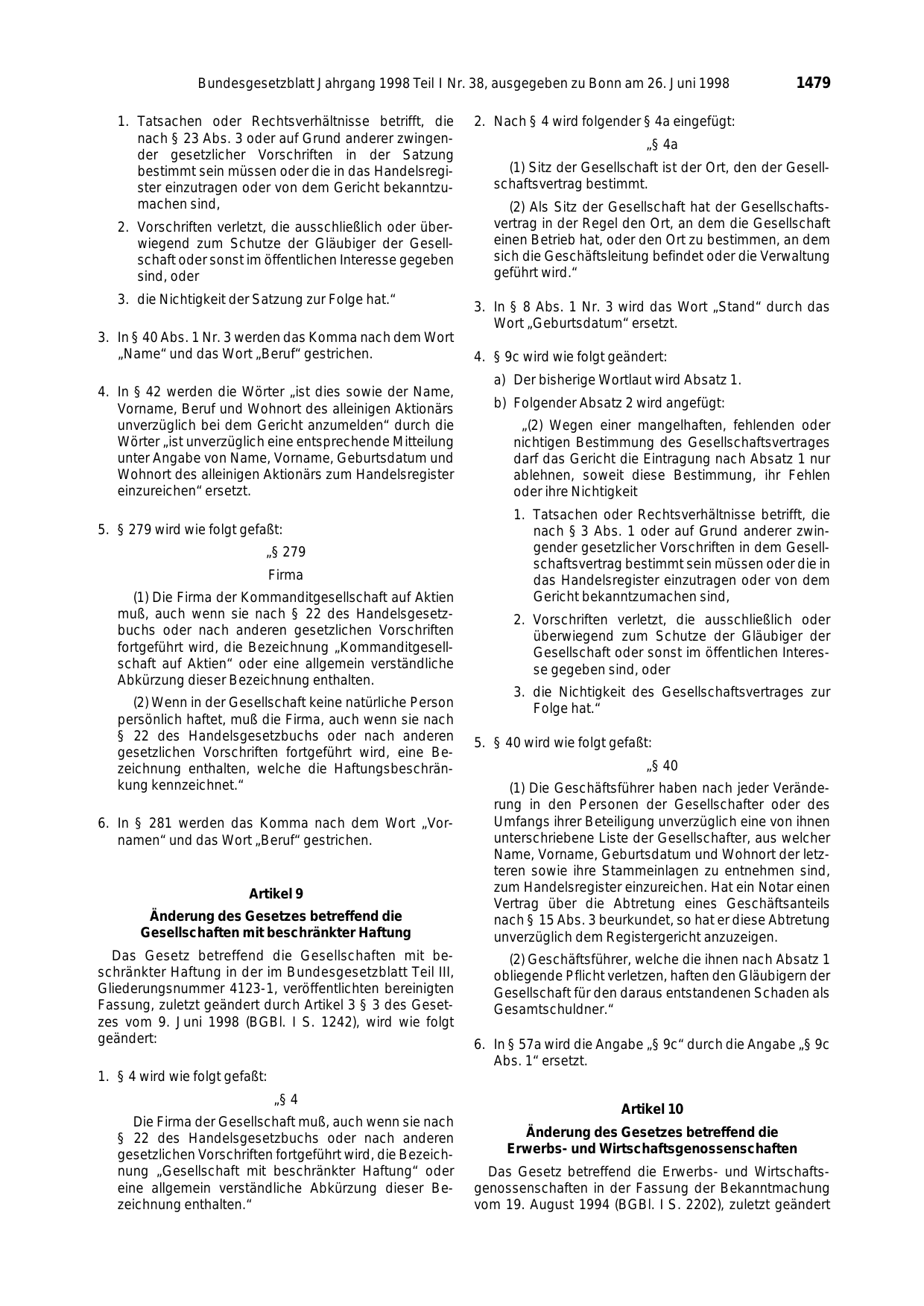 BGBl. 1998, Seite 1479 — Originalseite als Abbildung