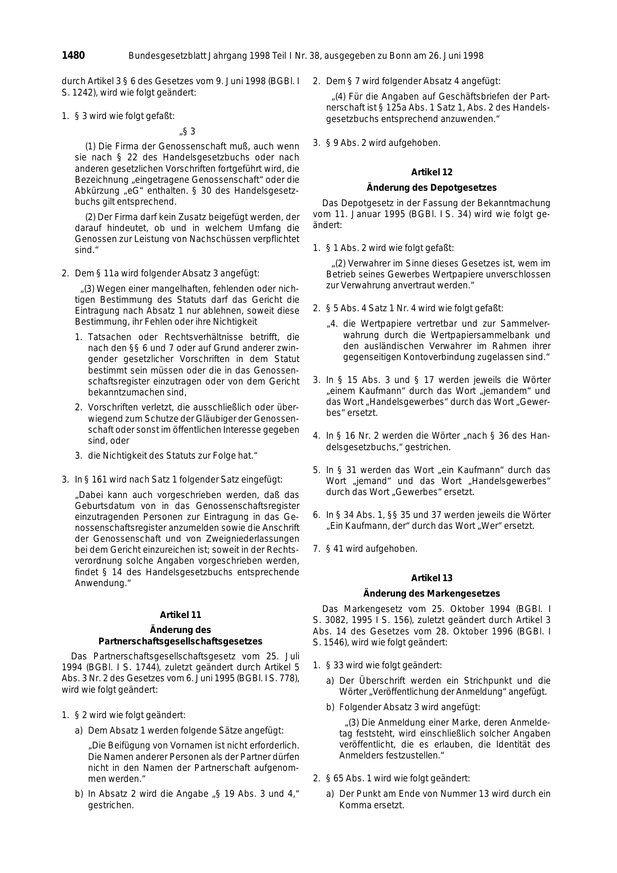 BGBl. 1998, Seite 1480 — Originalseite als Abbildung