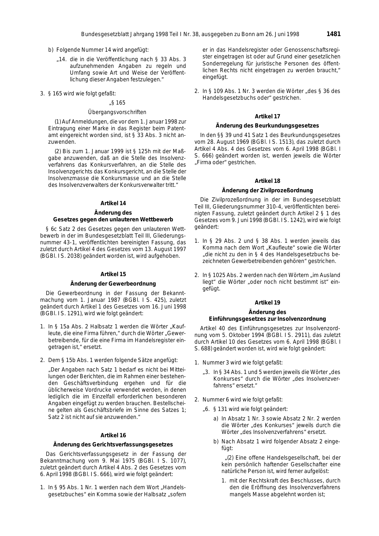 BGBl. 1998, Seite 1481 — Originalseite als Abbildung