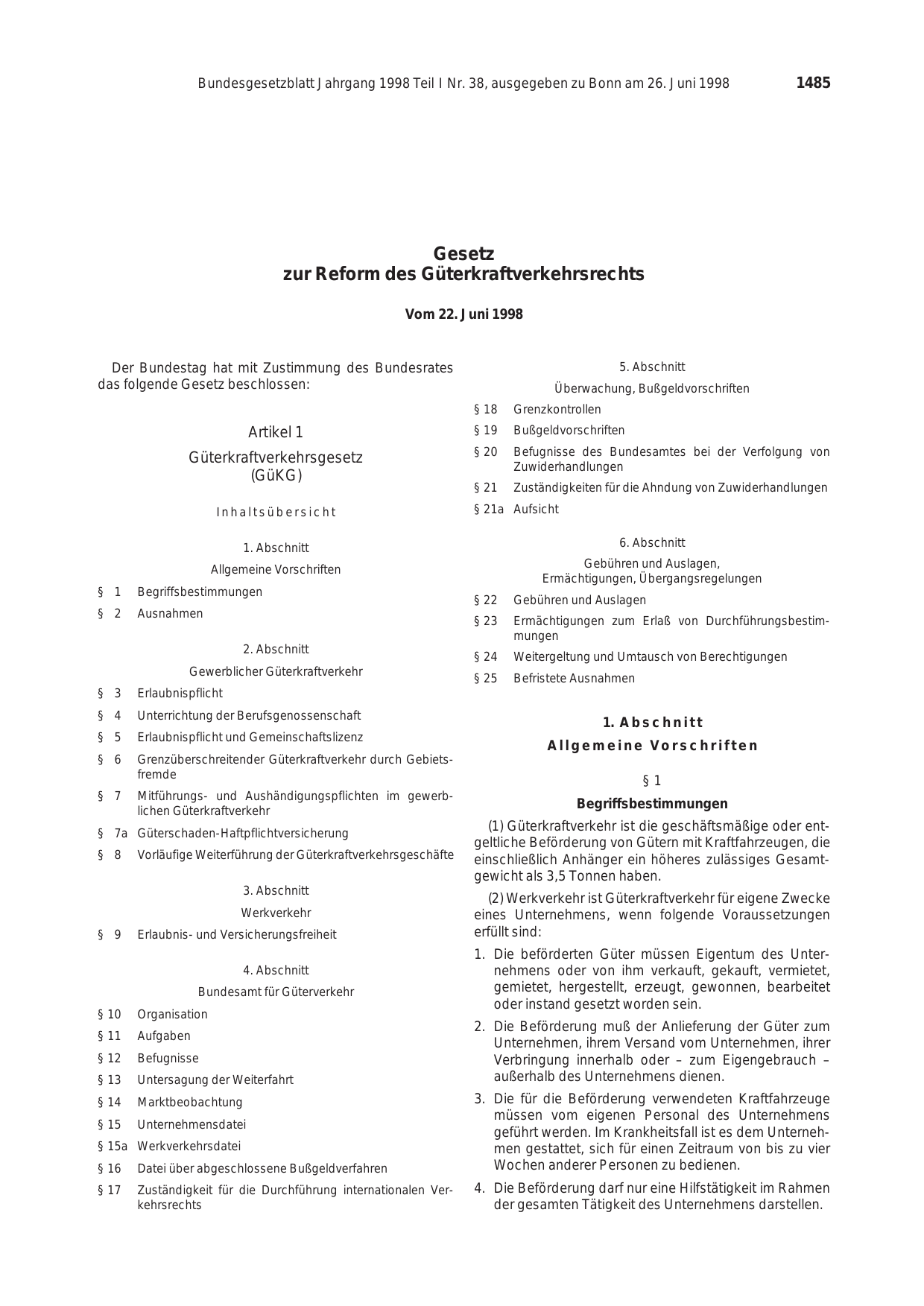 BGBl. 1998, Seite 1485 — Originalseite als Abbildung