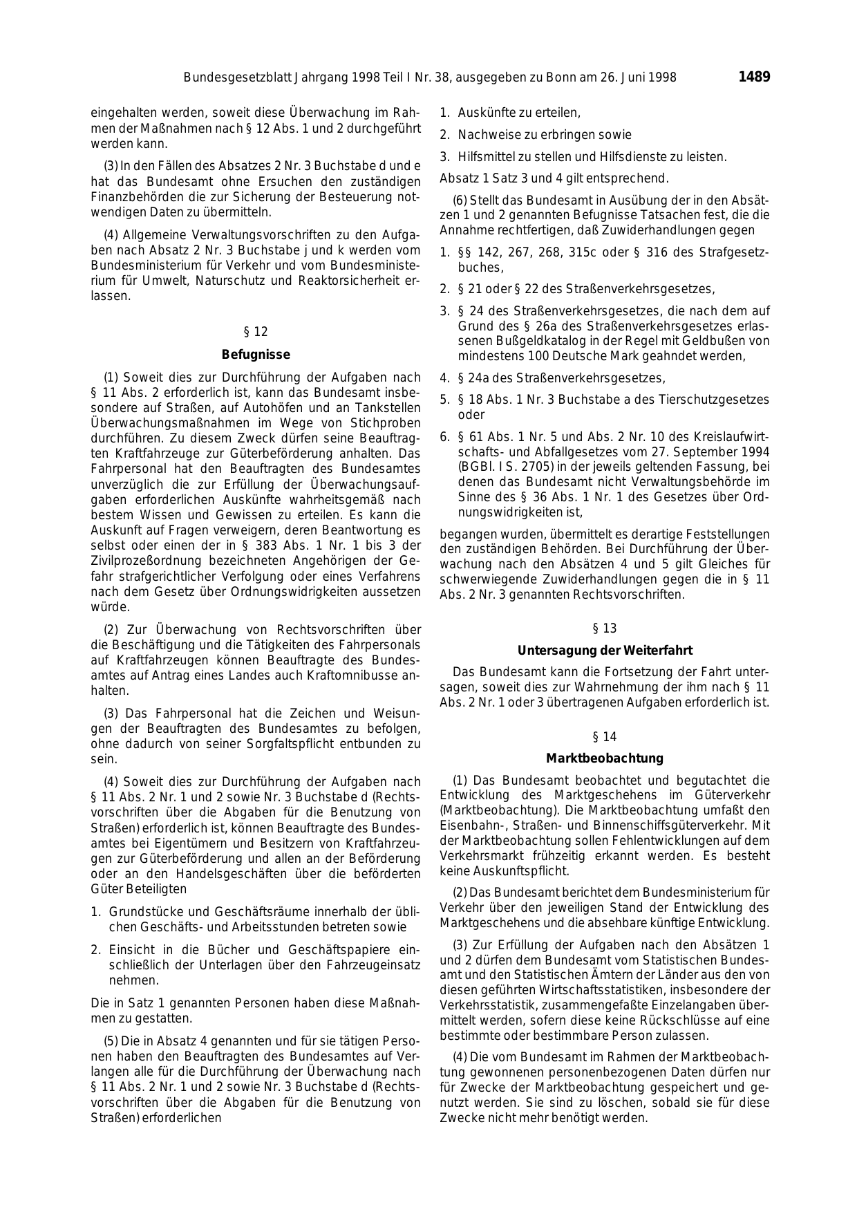 BGBl. 1998, Seite 1489 — Originalseite als Abbildung