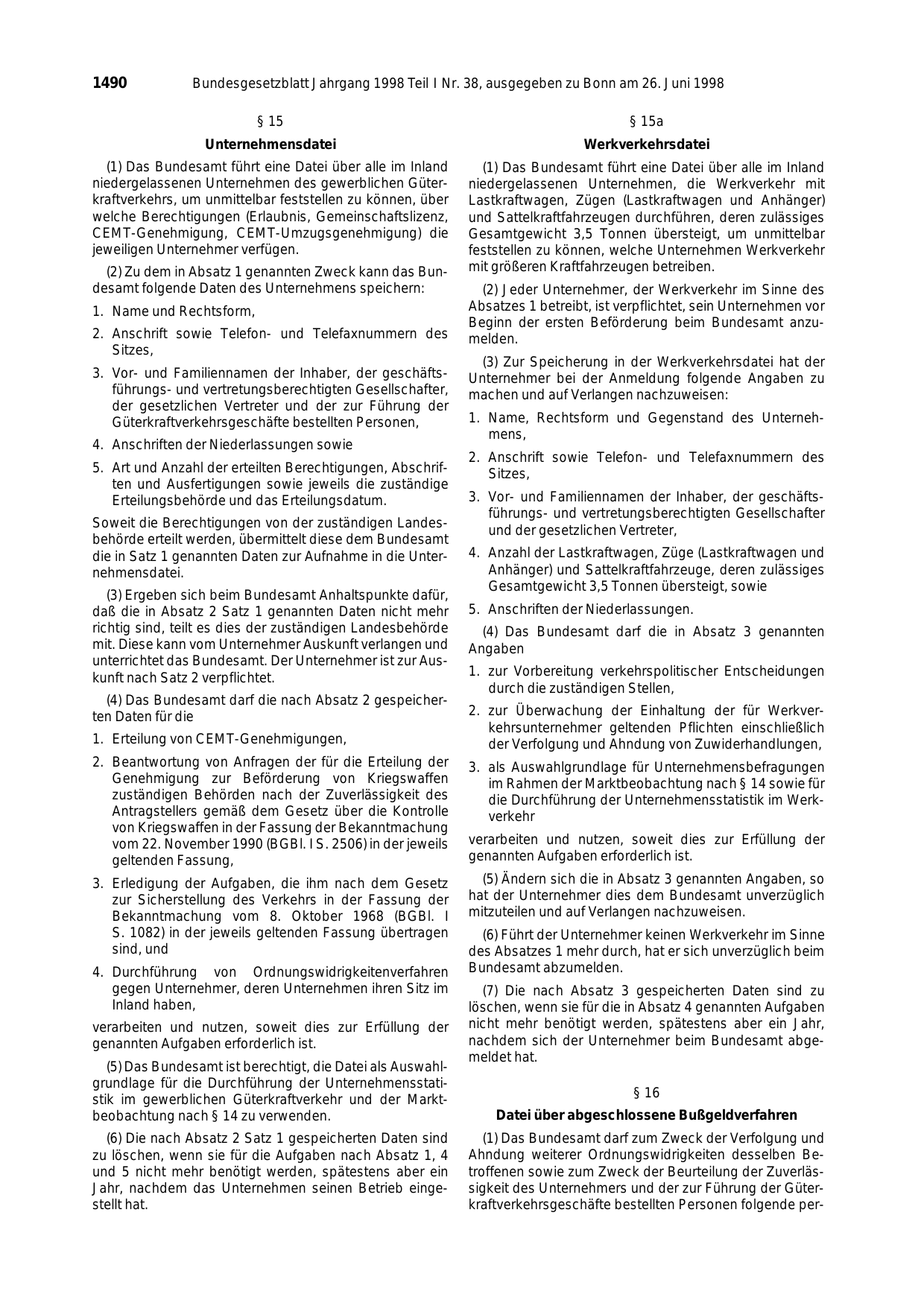 BGBl. 1998, Seite 1490 — Originalseite als Abbildung