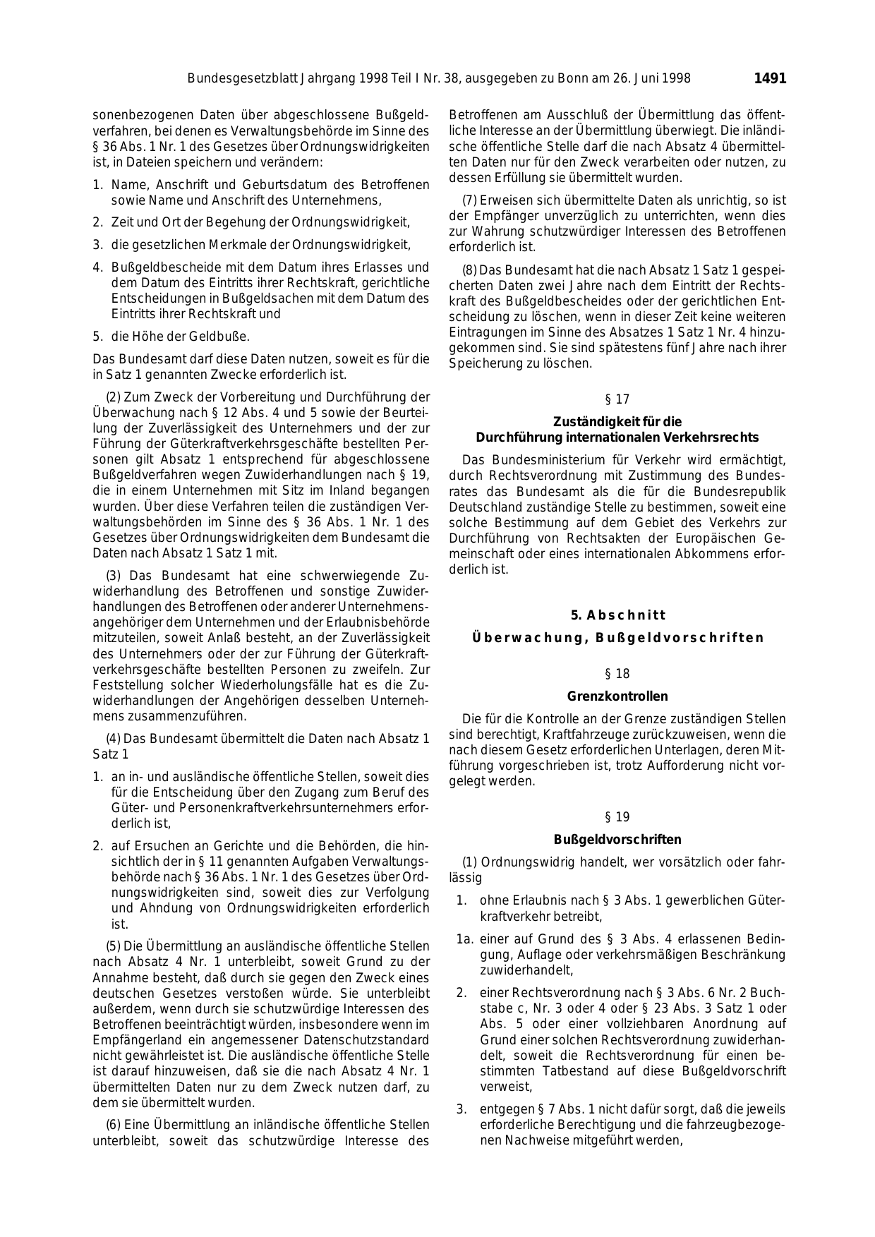 BGBl. 1998, Seite 1491 — Originalseite als Abbildung