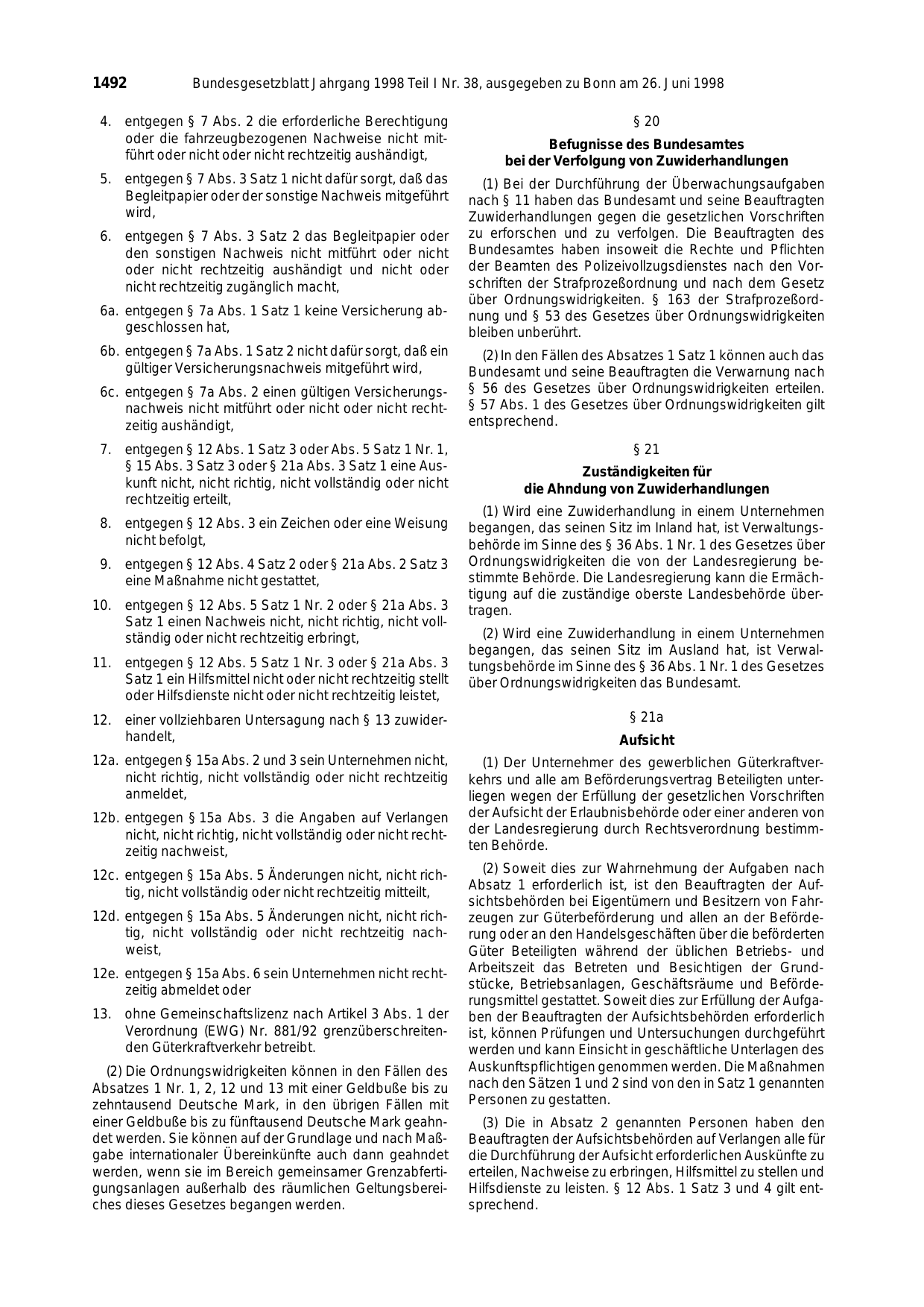 BGBl. 1998, Seite 1492 — Originalseite als Abbildung