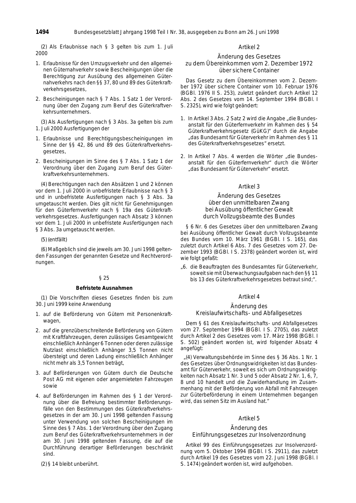 BGBl. 1998, Seite 1494 — Originalseite als Abbildung
