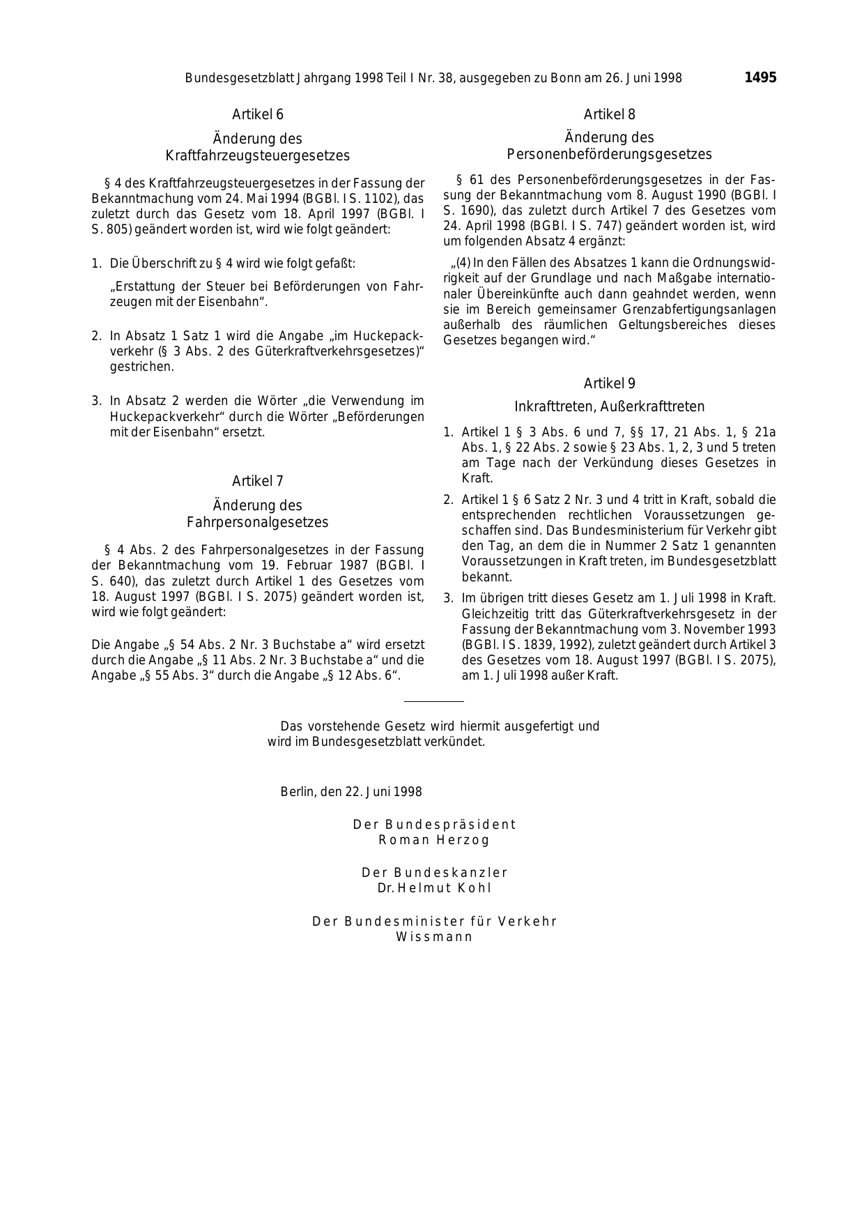 BGBl. 1998, Seite 1495 — Originalseite als Abbildung