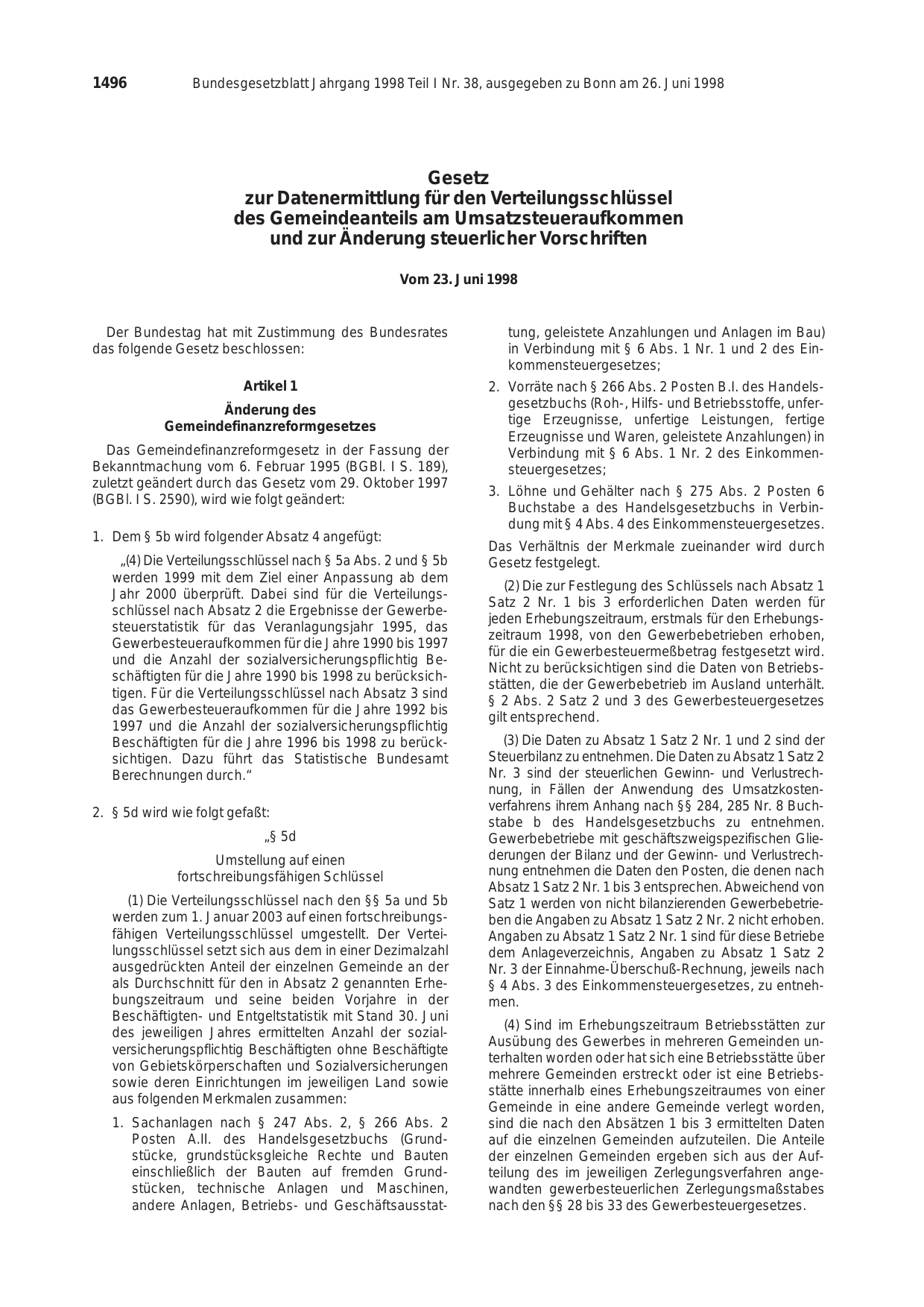 BGBl. 1998, Seite 1496 — Originalseite als Abbildung