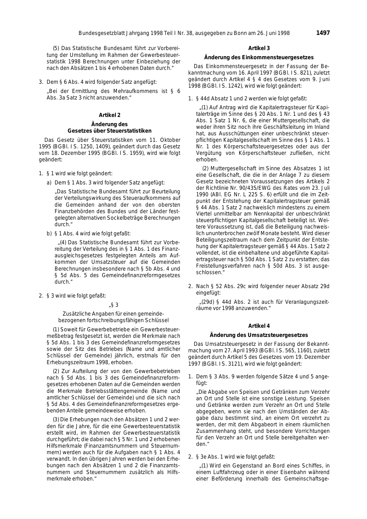 BGBl. 1998, Seite 1497 — Originalseite als Abbildung