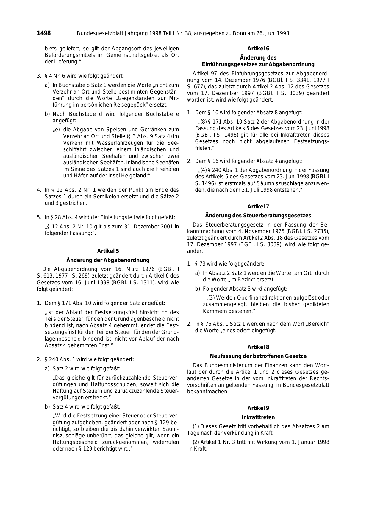 BGBl. 1998, Seite 1498 — Originalseite als Abbildung