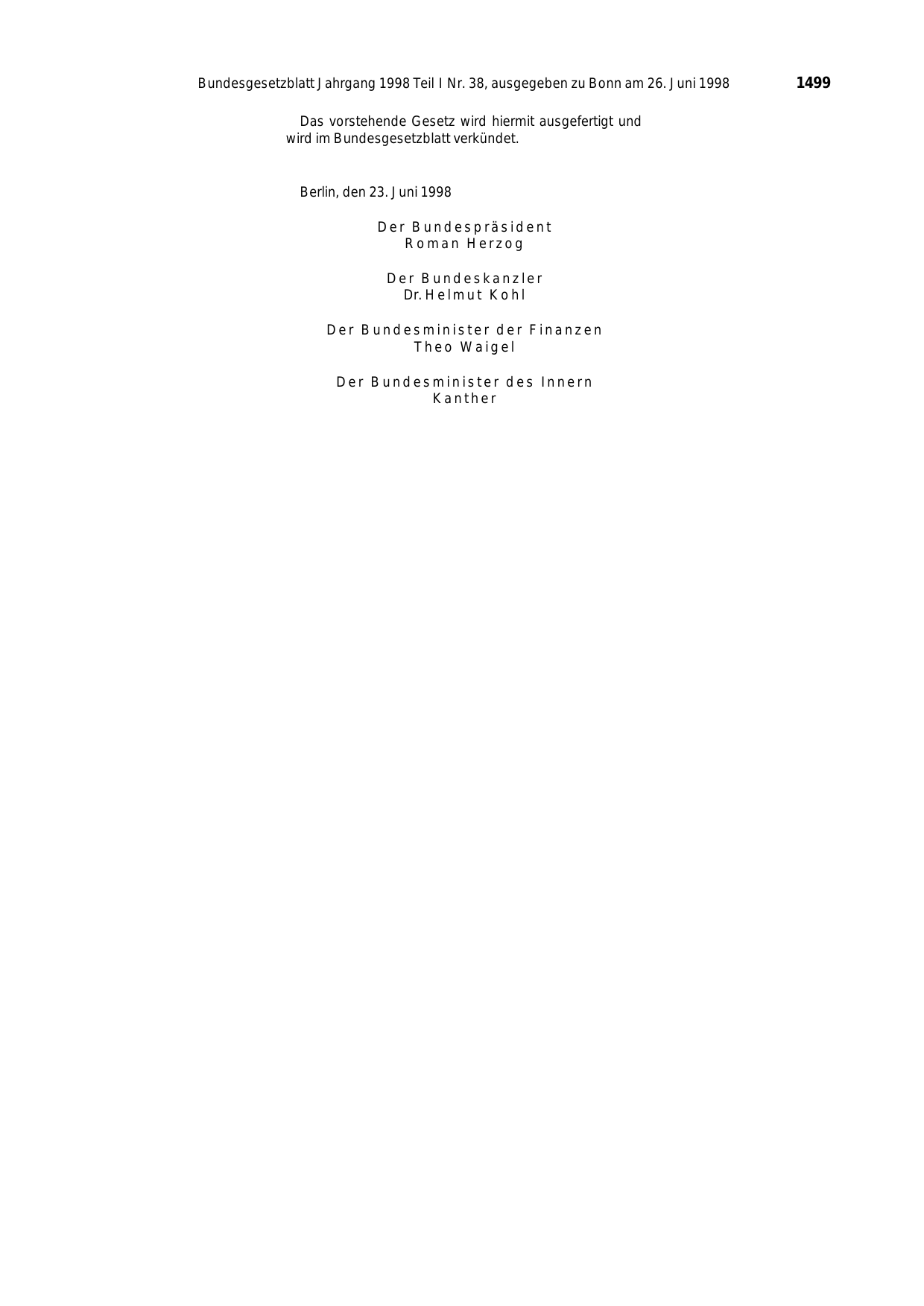 BGBl. 1998, Seite 1499 — Originalseite als Abbildung