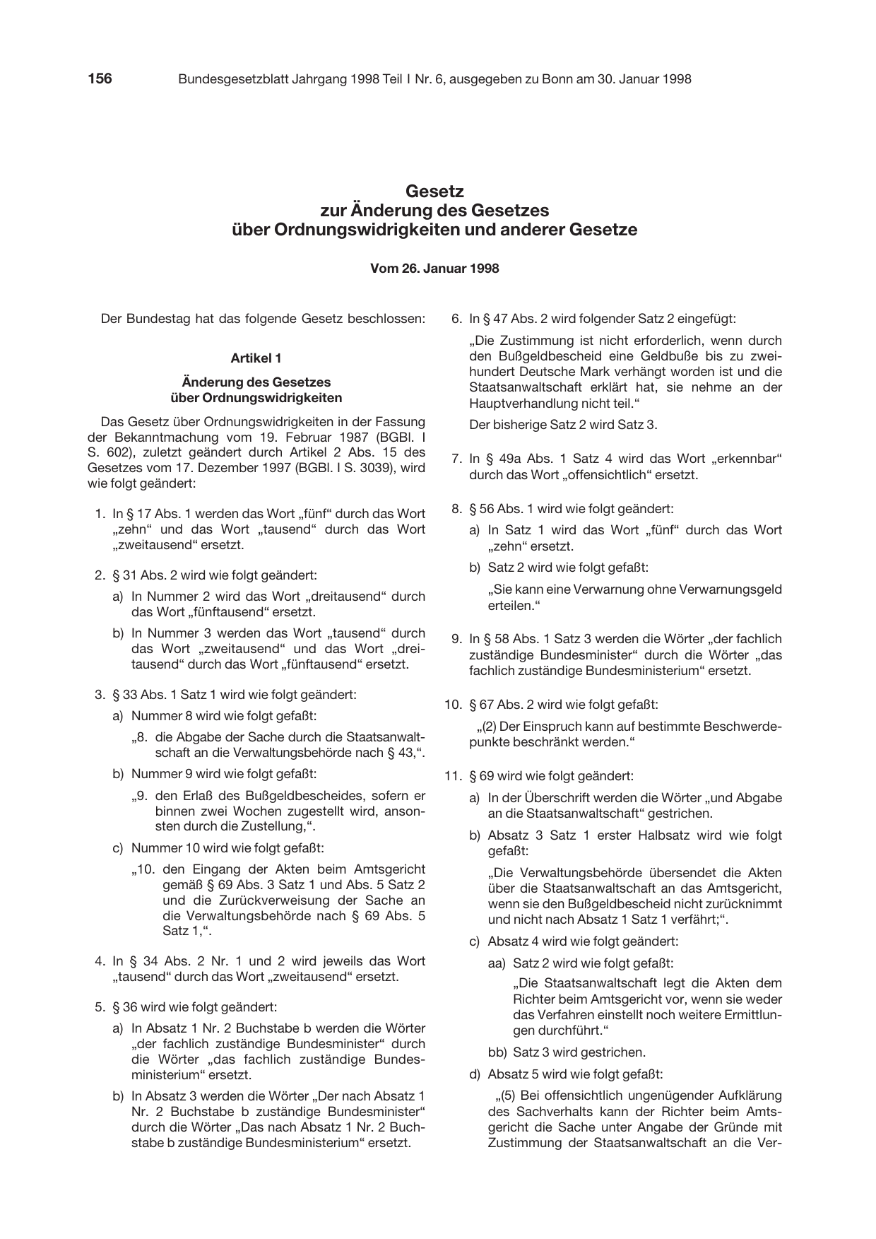 BGBl. 1998, Seite 156 — Originalseite als Abbildung