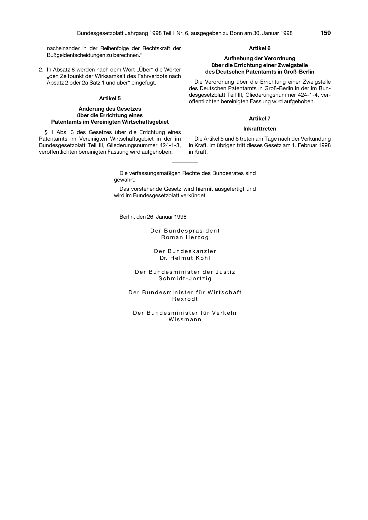 BGBl. 1998, Seite 159 — Originalseite als Abbildung