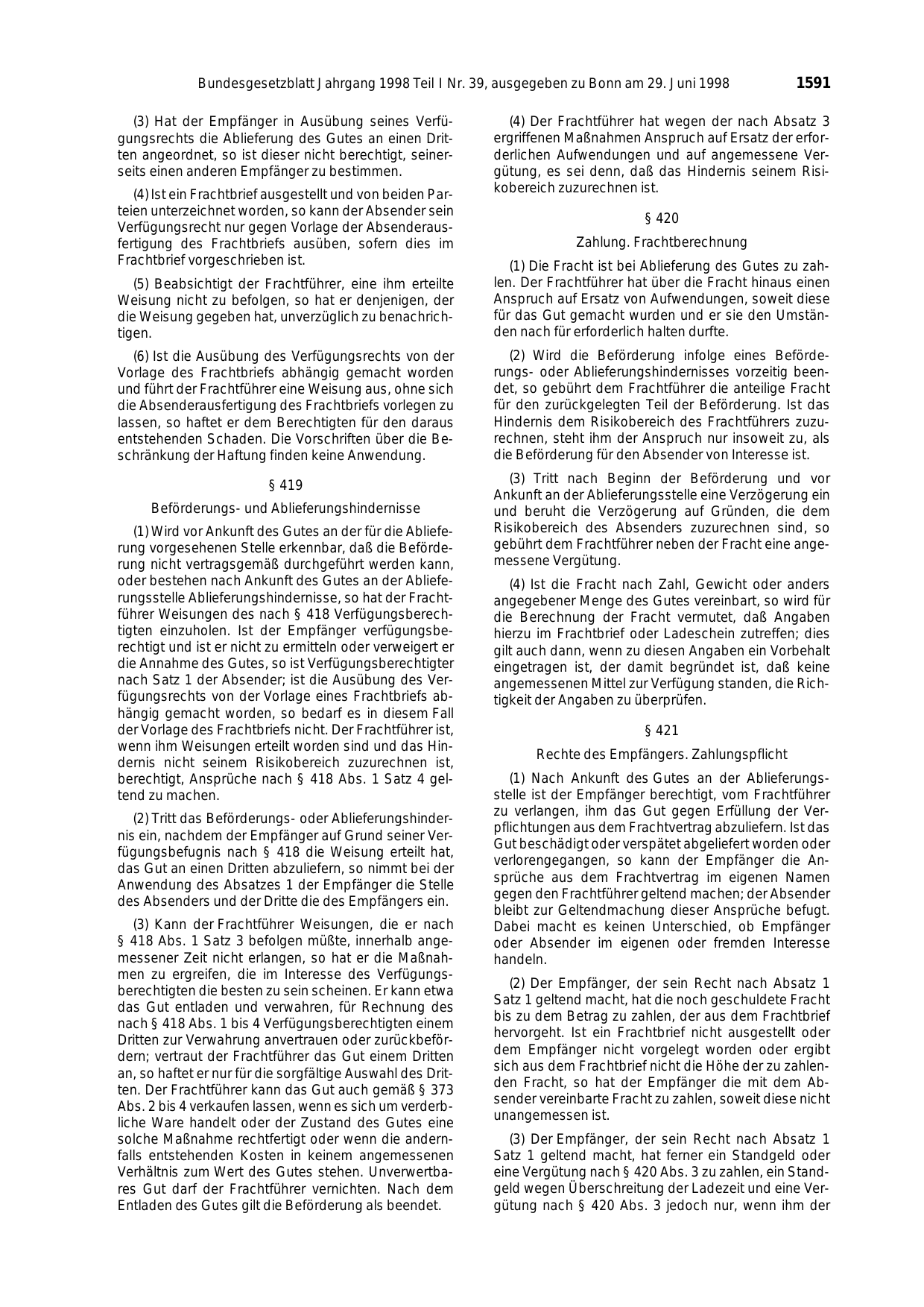 BGBl. 1998, Seite 1591 — Originalseite als Abbildung