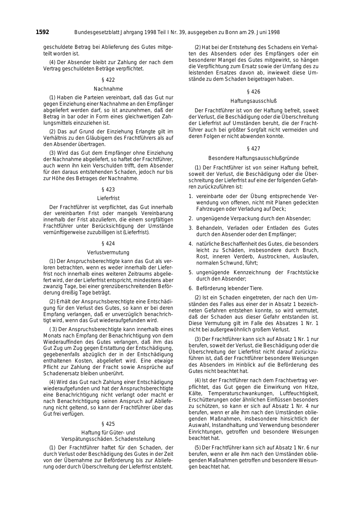 BGBl. 1998, Seite 1592 — Originalseite als Abbildung