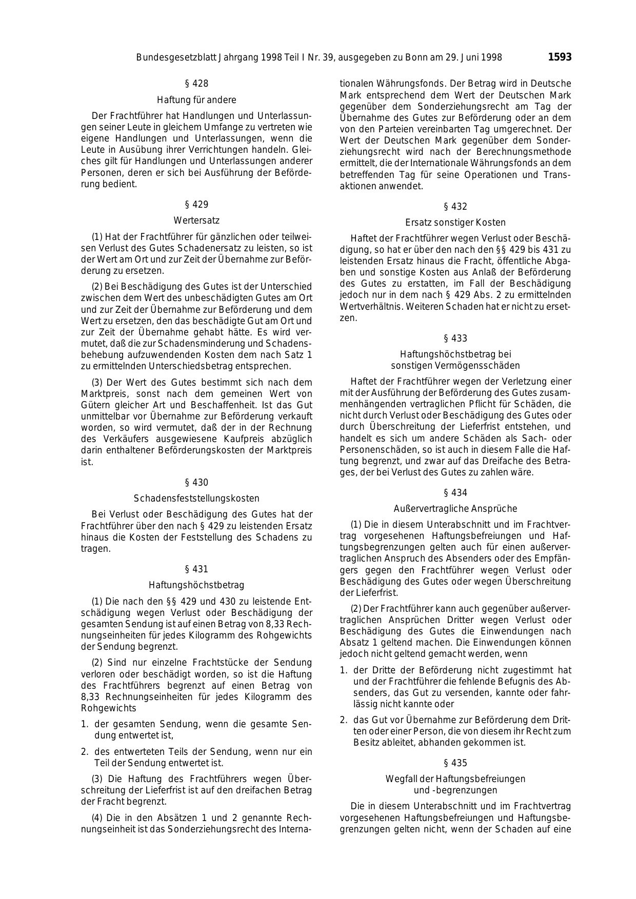 BGBl. 1998, Seite 1593 — Originalseite als Abbildung