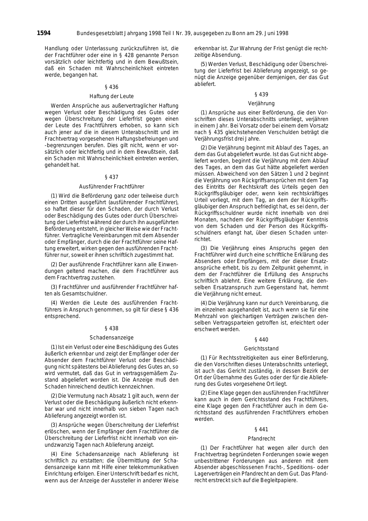BGBl. 1998, Seite 1594 — Originalseite als Abbildung