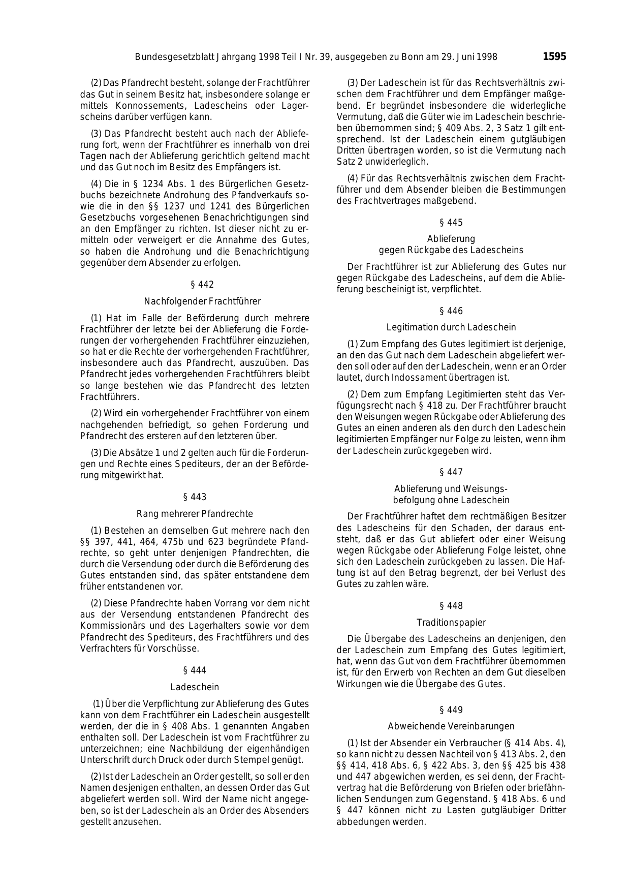 BGBl. 1998, Seite 1595 — Originalseite als Abbildung