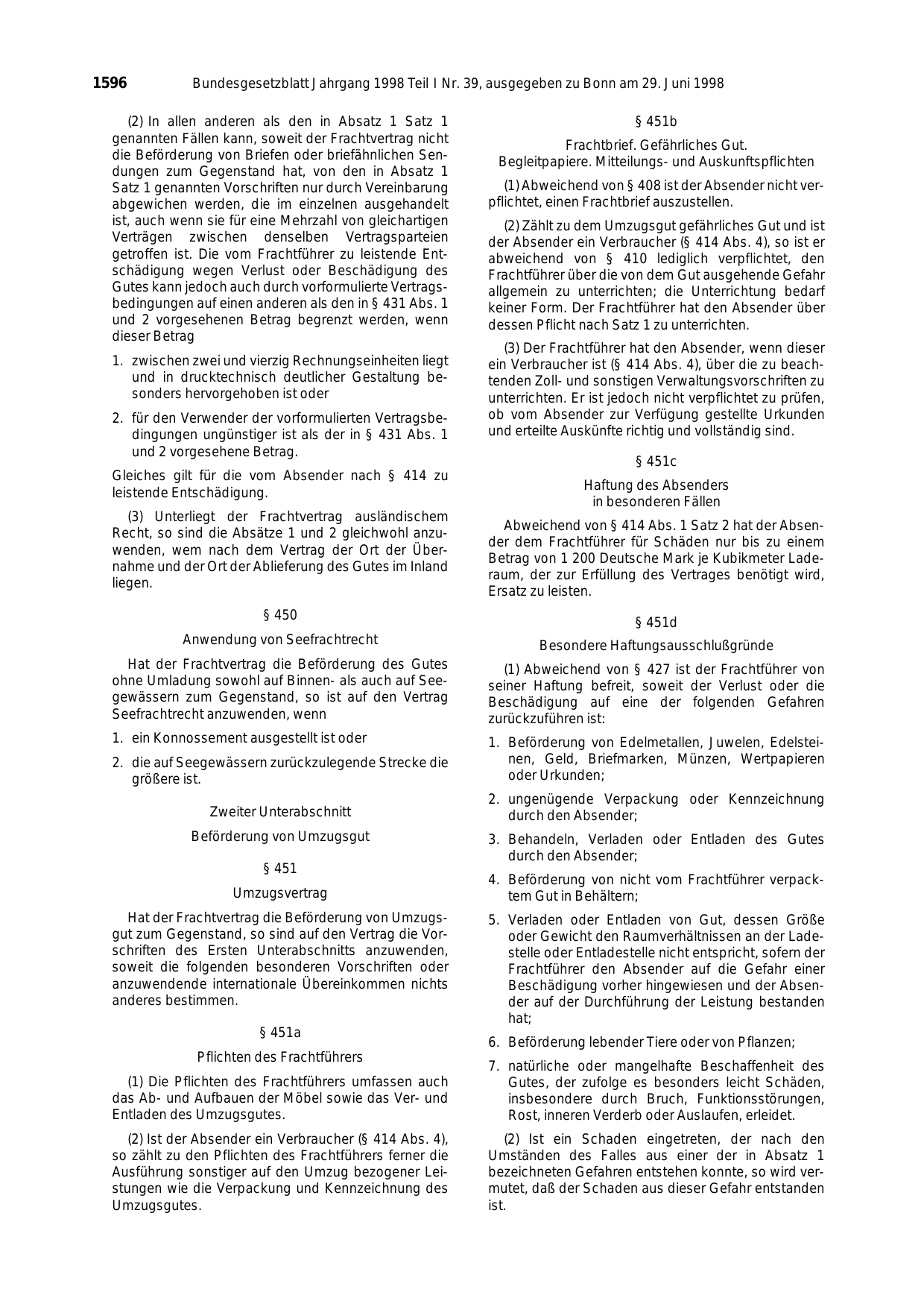 BGBl. 1998, Seite 1596 — Originalseite als Abbildung