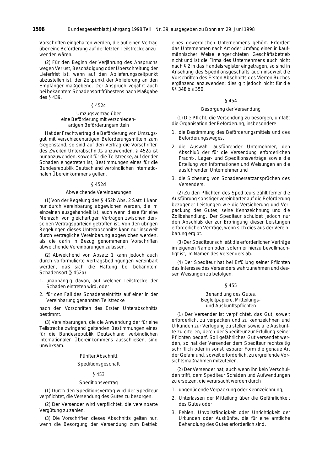 BGBl. 1998, Seite 1598 — Originalseite als Abbildung