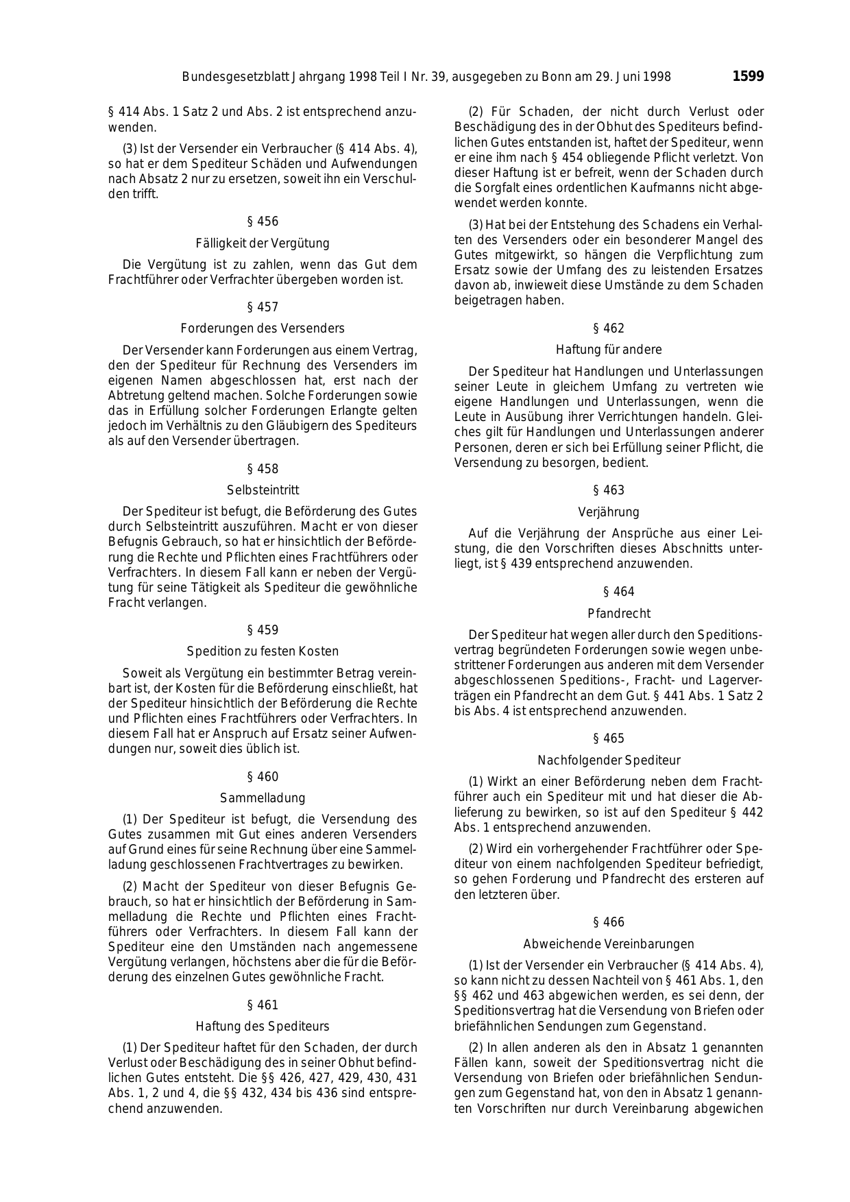 BGBl. 1998, Seite 1599 — Originalseite als Abbildung