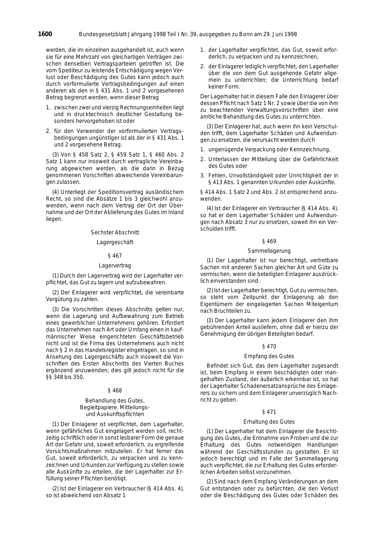 BGBl. 1998, Seite 1600 — Originalseite als Abbildung