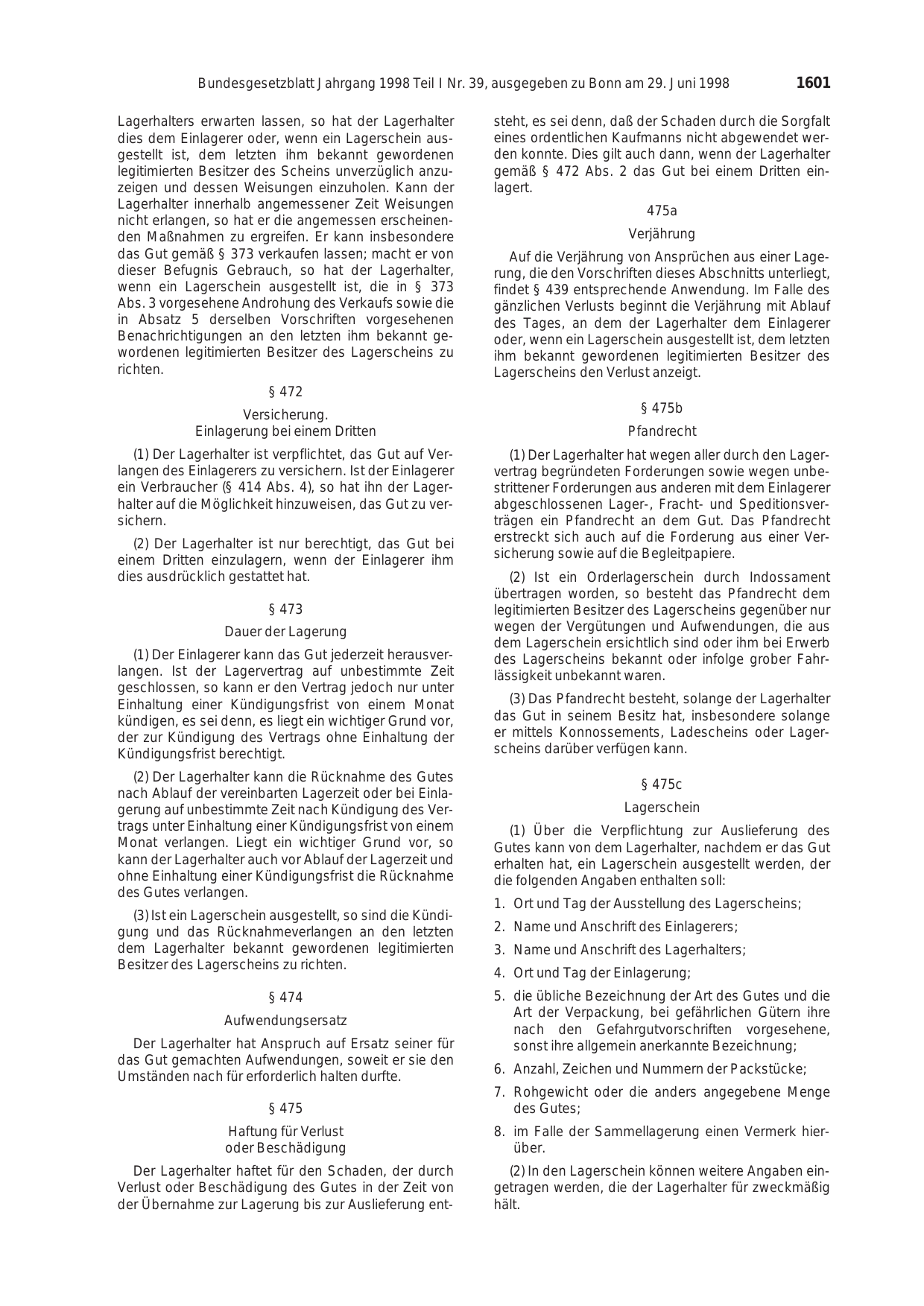 BGBl. 1998, Seite 1601 — Originalseite als Abbildung