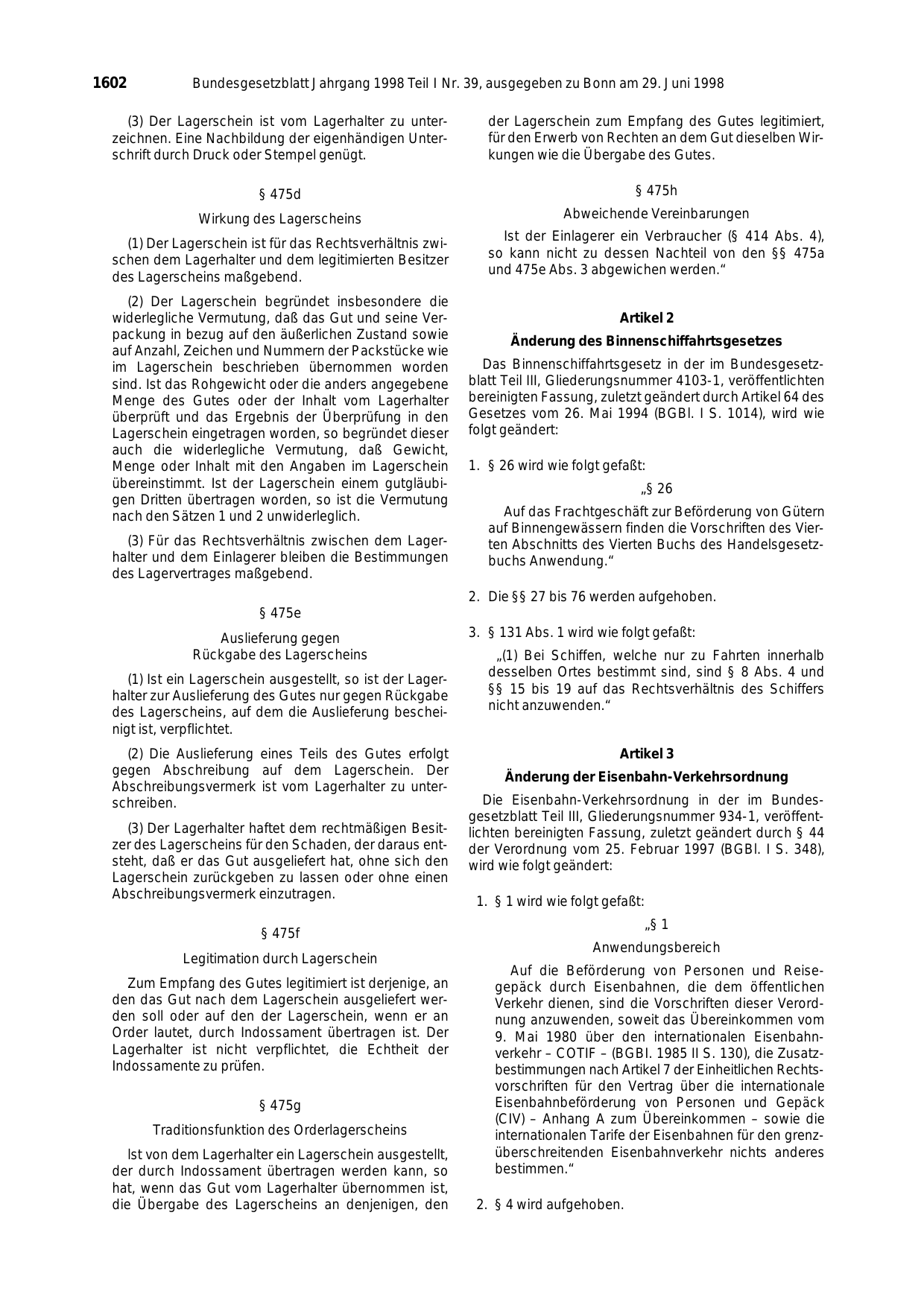 BGBl. 1998, Seite 1602 — Originalseite als Abbildung