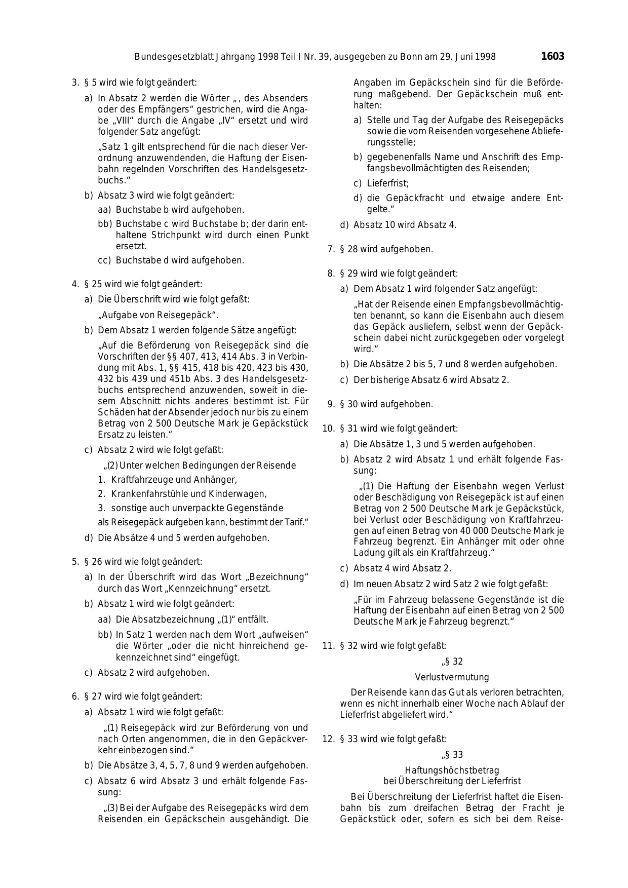 BGBl. 1998, Seite 1603 — Originalseite als Abbildung