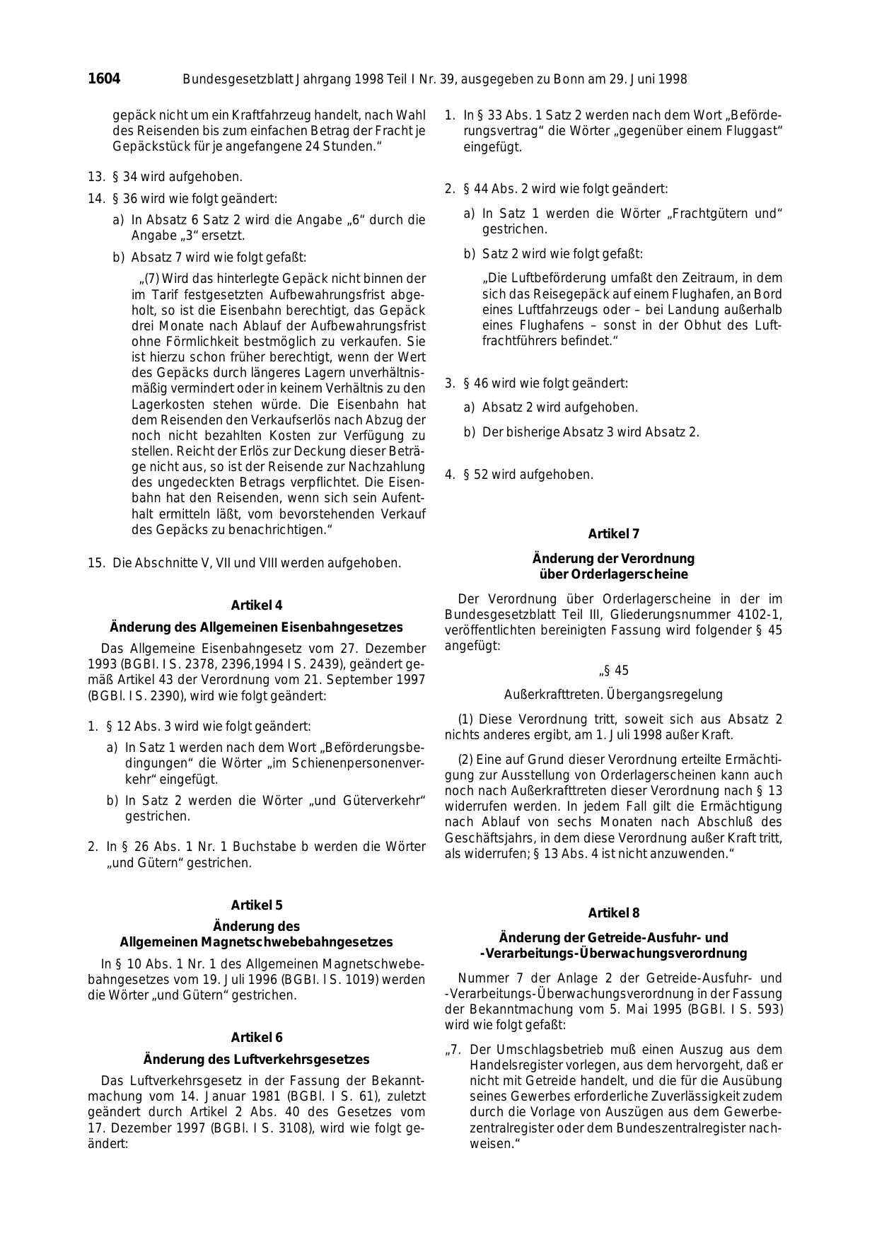 BGBl. 1998, Seite 1604 — Originalseite als Abbildung