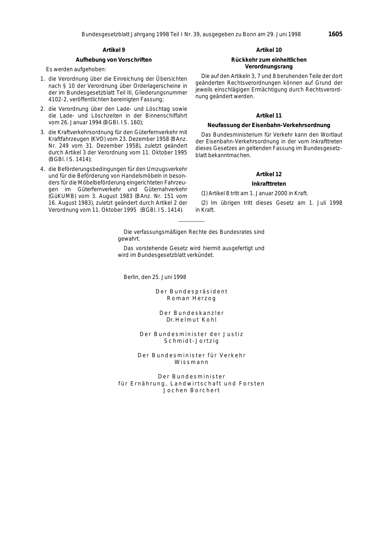 BGBl. 1998, Seite 1605 — Originalseite als Abbildung