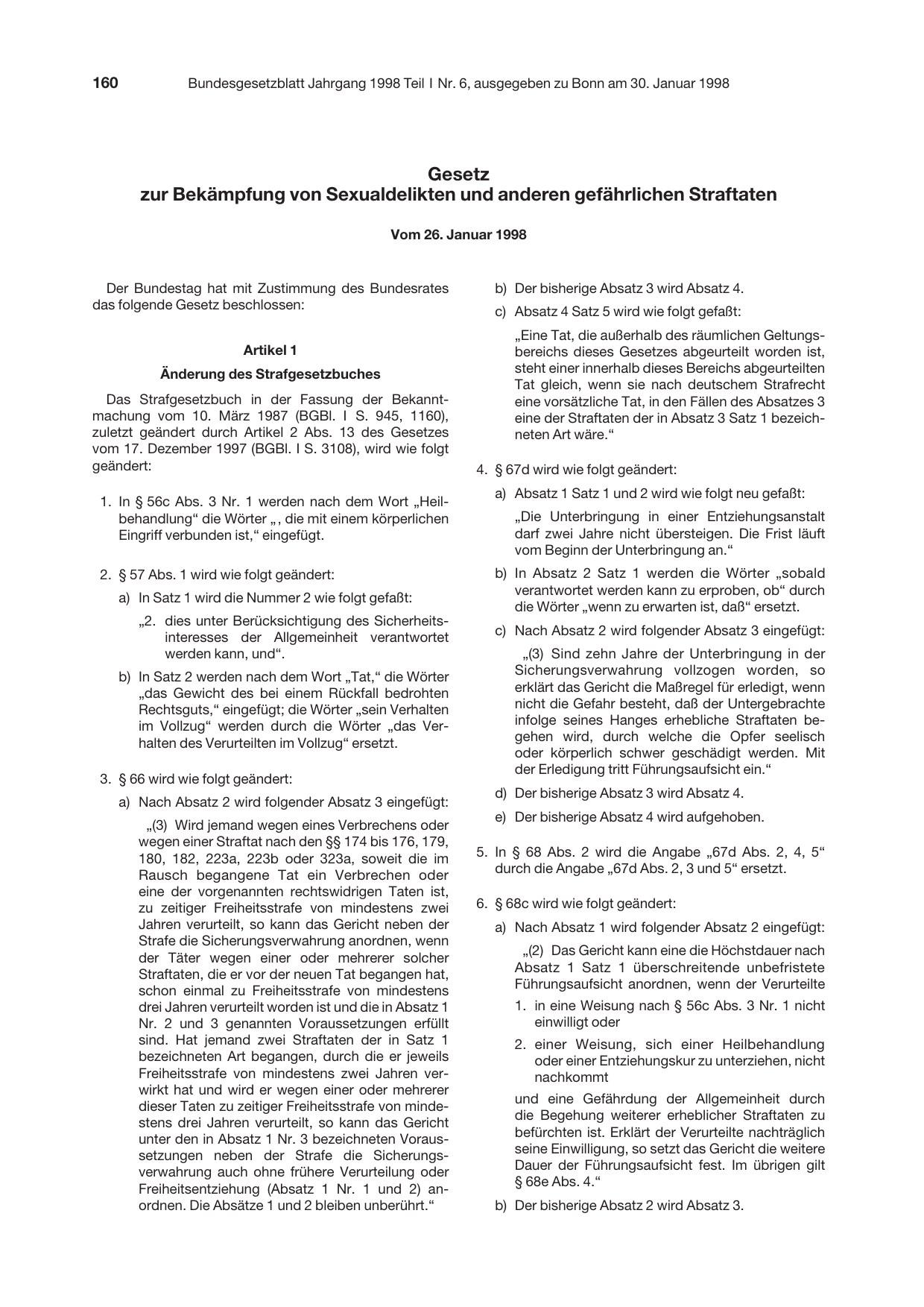 BGBl. 1998, Seite 160 — Originalseite als Abbildung