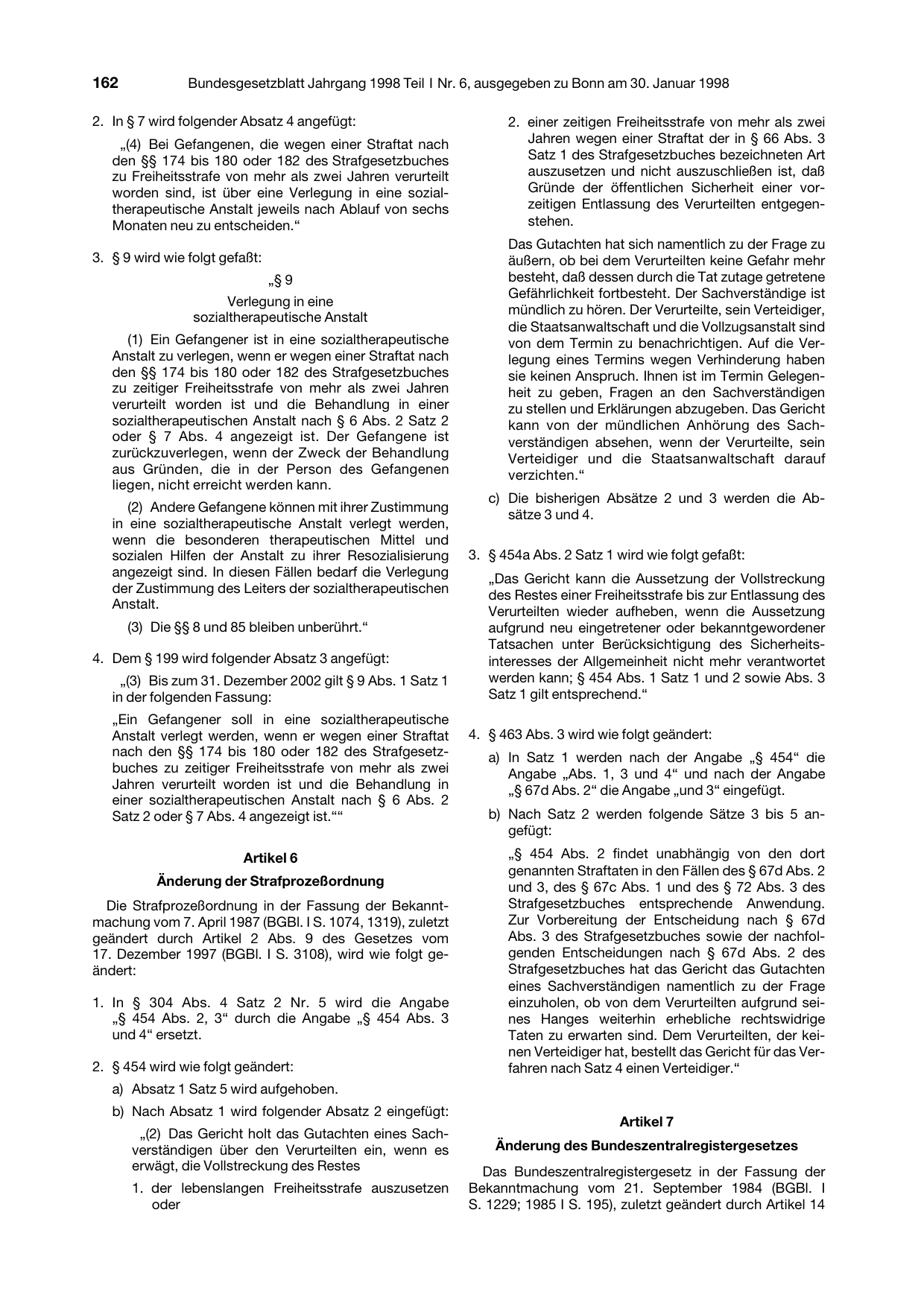 BGBl. 1998, Seite 162 — Originalseite als Abbildung