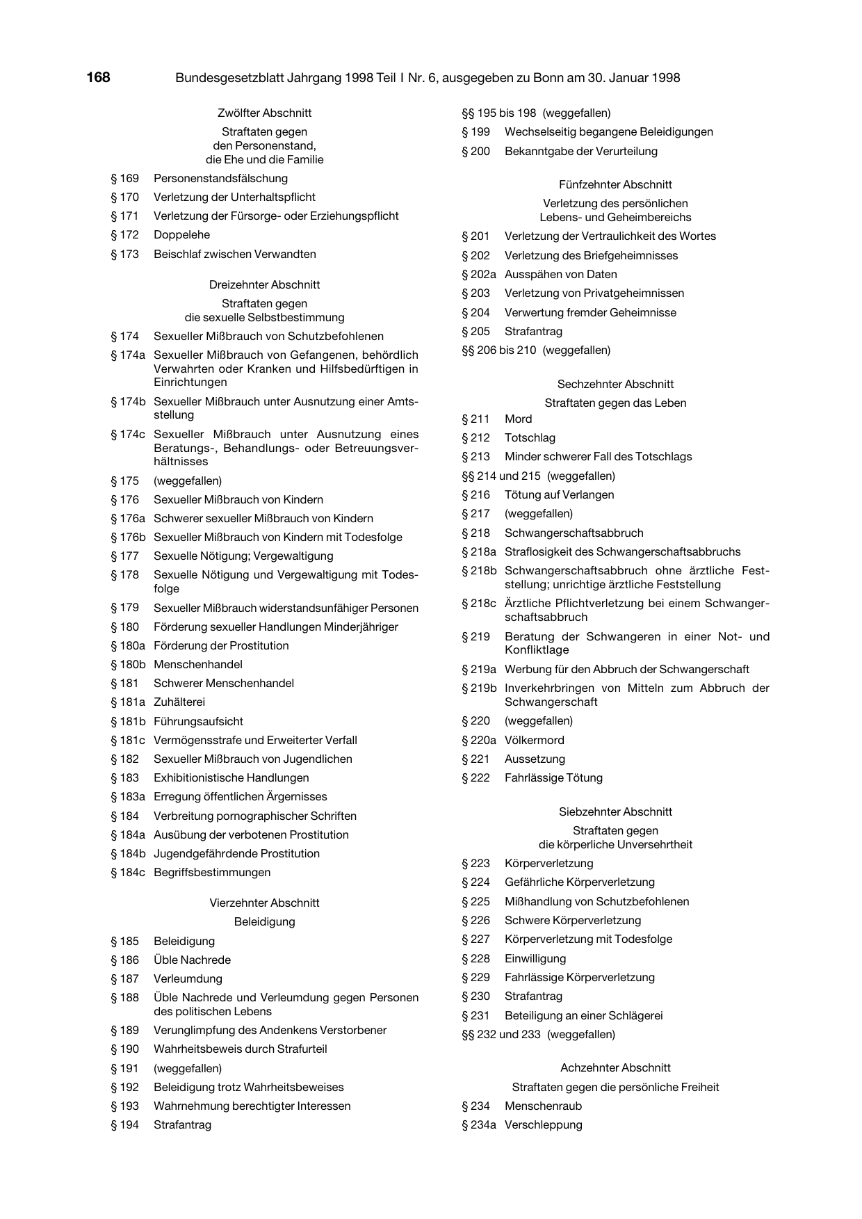 BGBl. 1998, Seite 168 — Originalseite als Abbildung