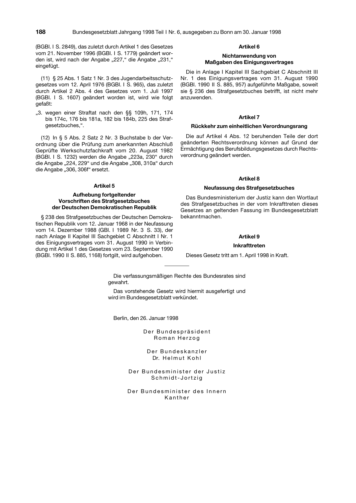 BGBl. 1998, Seite 188 — Originalseite als Abbildung