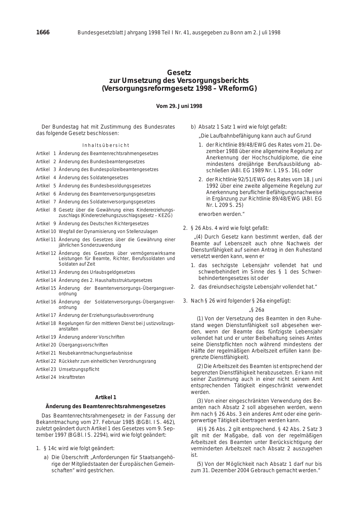 BGBl. 1998, Seite 1666 — Originalseite als Abbildung