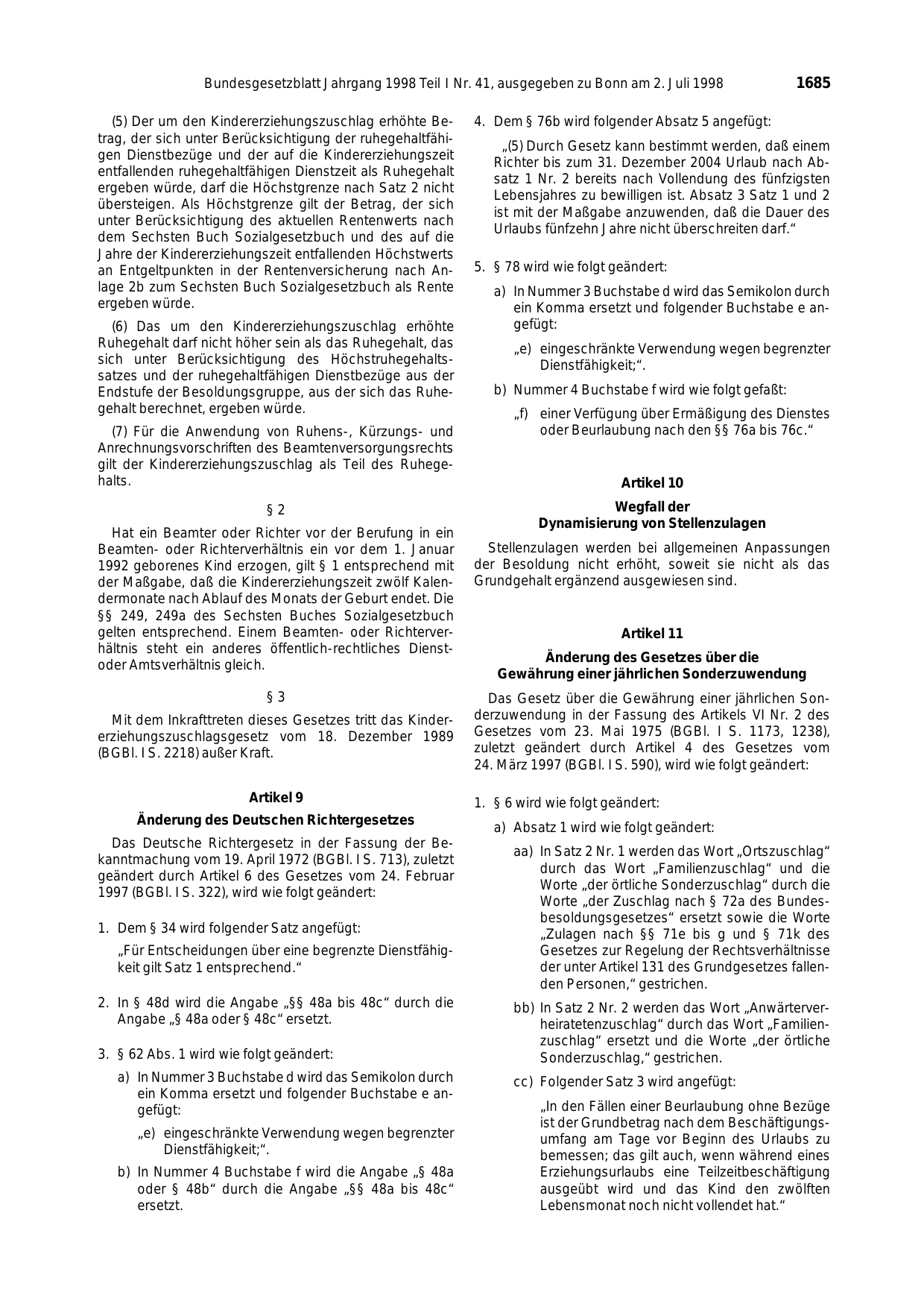 BGBl. 1998, Seite 1685 — Originalseite als Abbildung