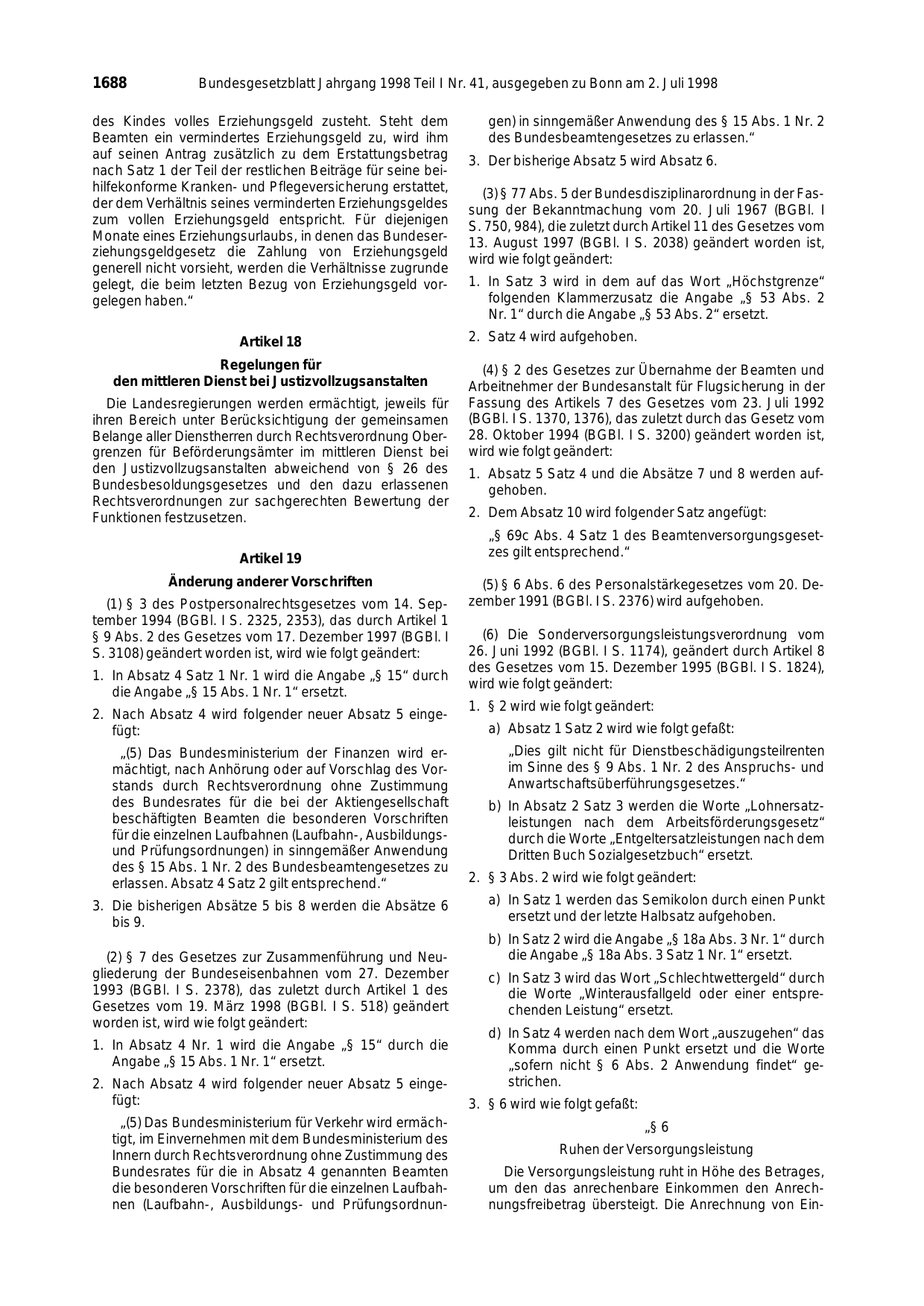 BGBl. 1998, Seite 1688 — Originalseite als Abbildung