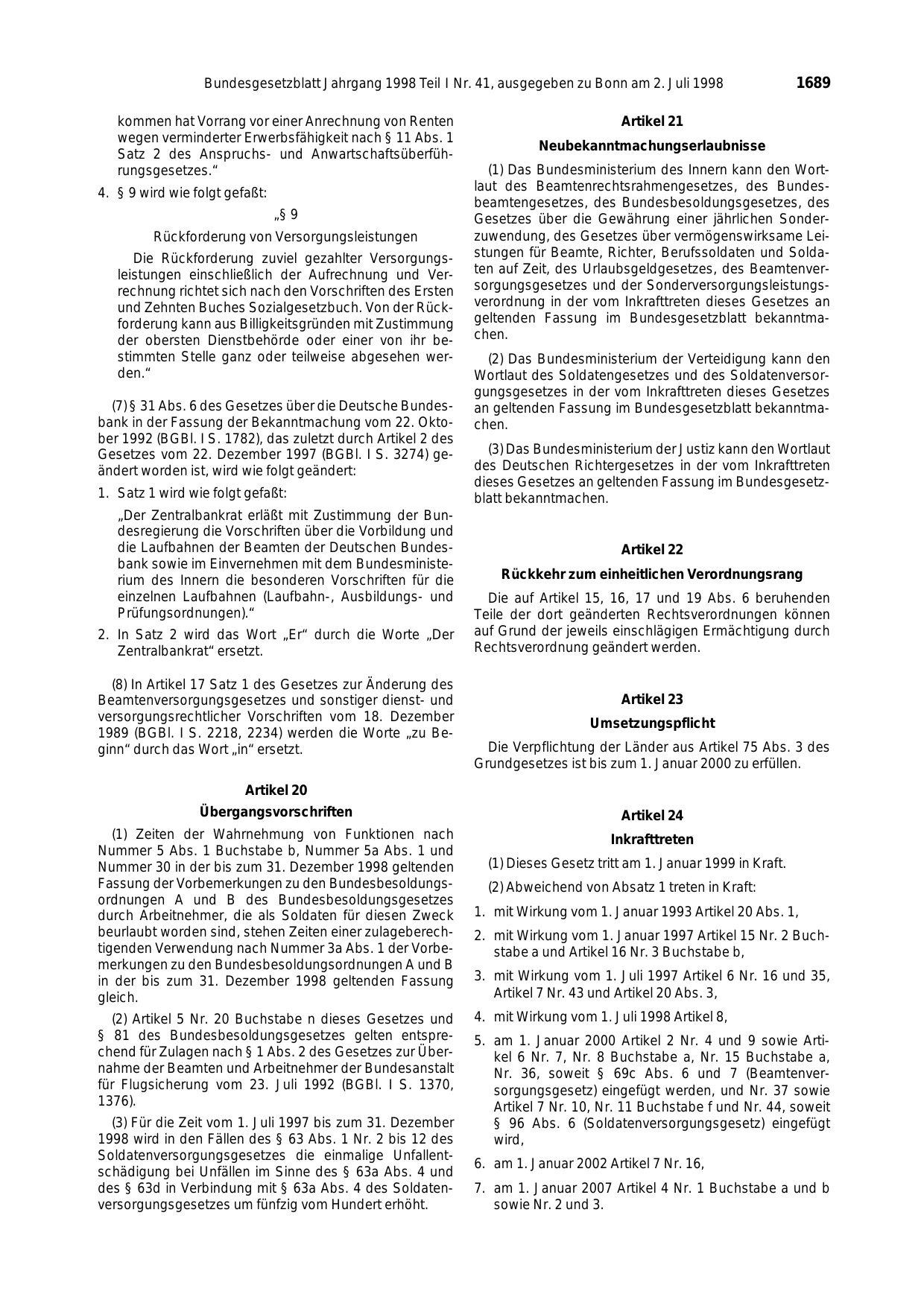 BGBl. 1998, Seite 1689 — Originalseite als Abbildung