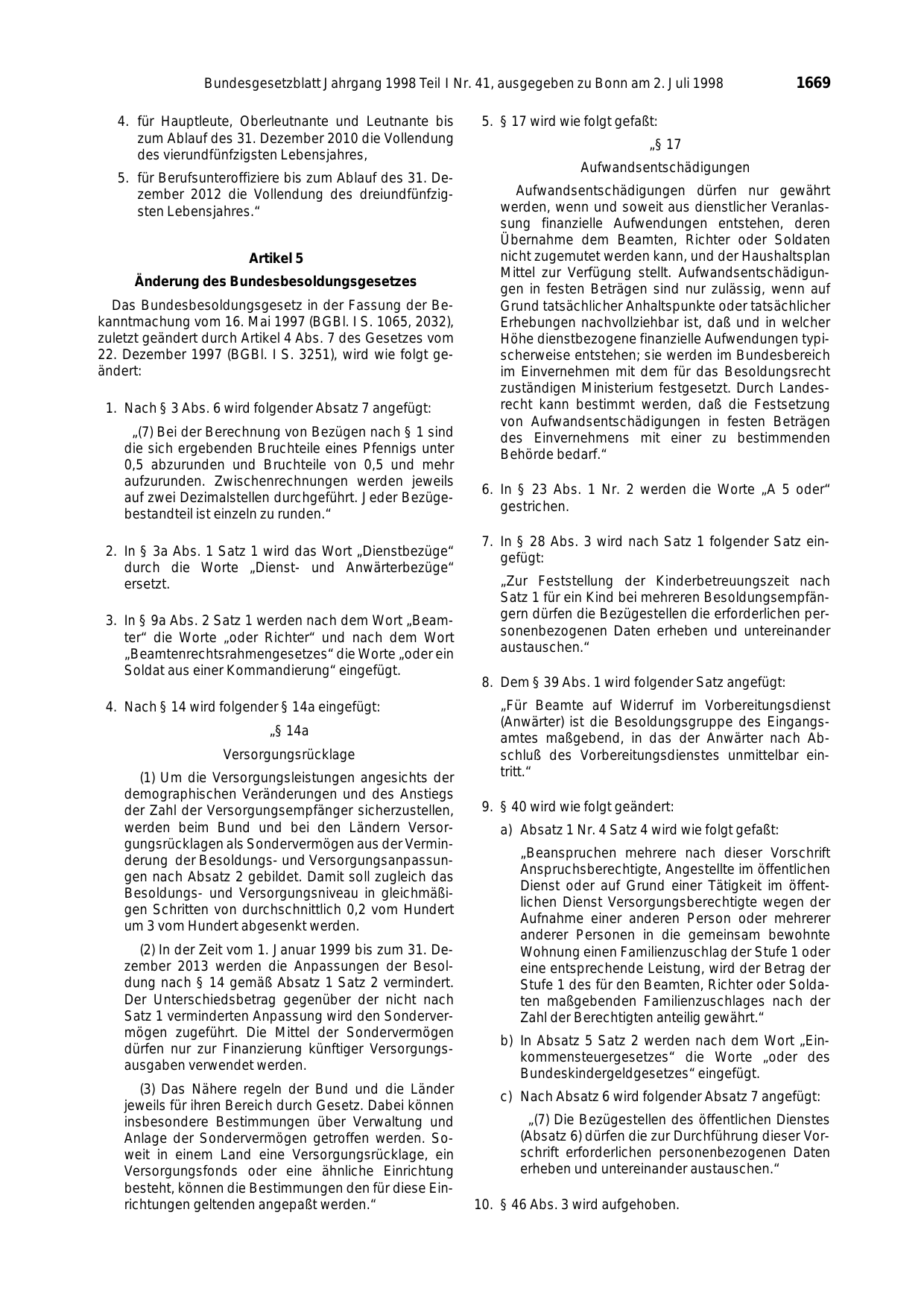 BGBl. 1998, Seite 1669 — Originalseite als Abbildung