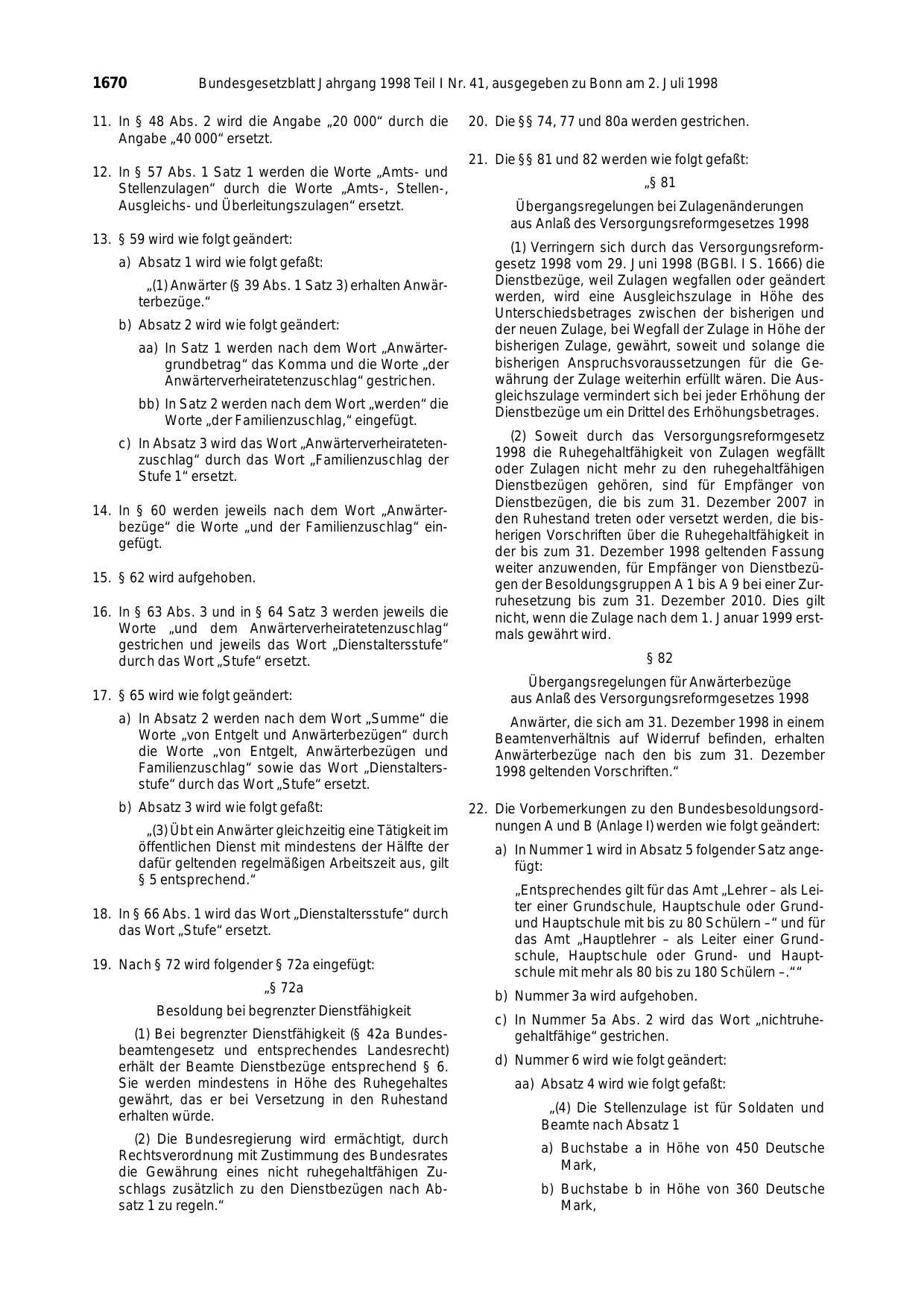 BGBl. 1998, Seite 1670 — Originalseite als Abbildung