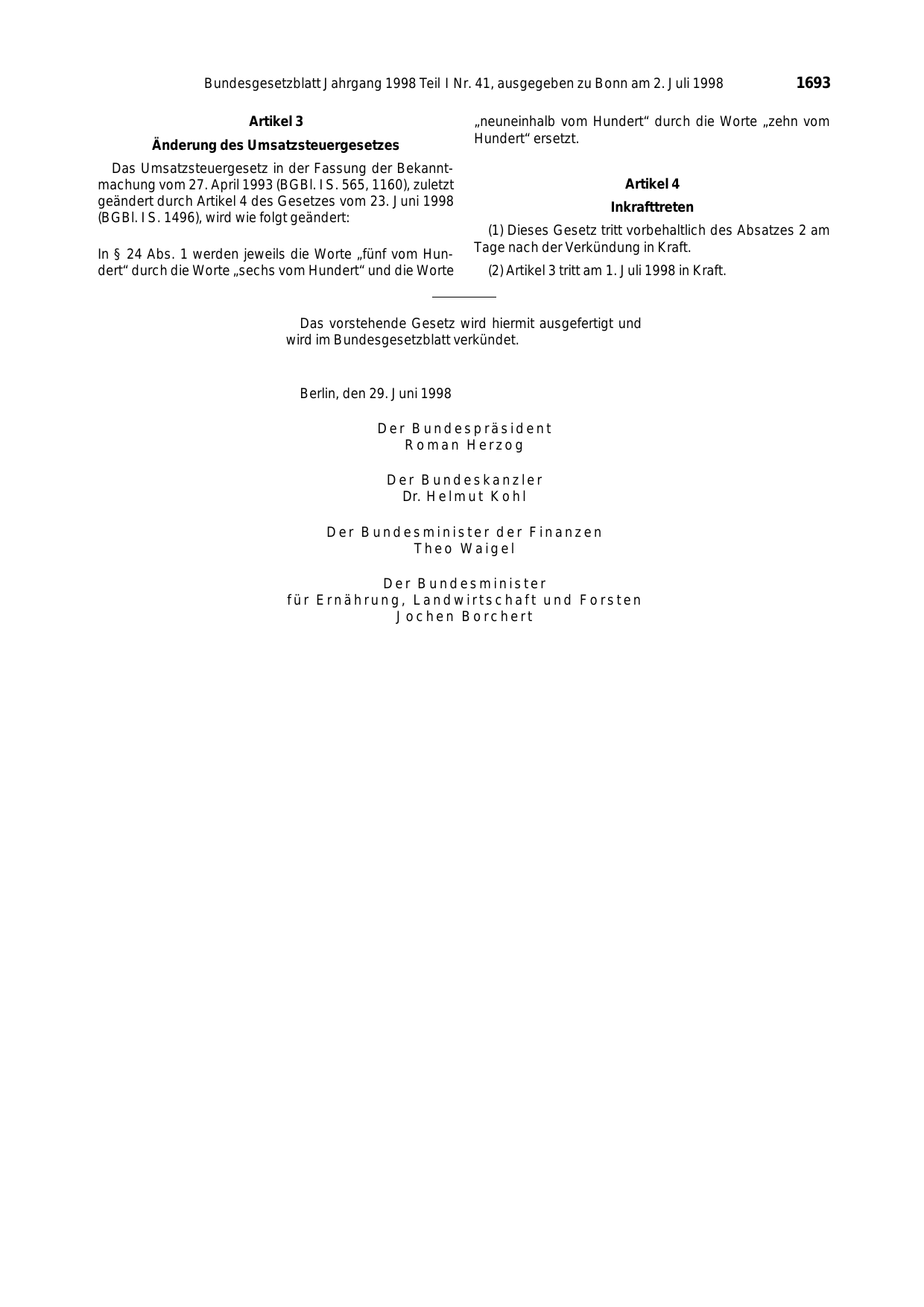 BGBl. 1998, Seite 1693 — Originalseite als Abbildung