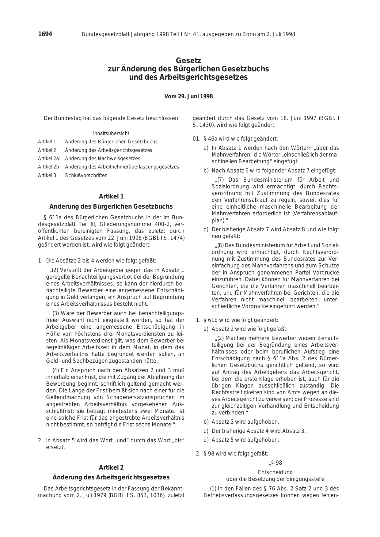 BGBl. 1998, Seite 1694 — Originalseite als Abbildung