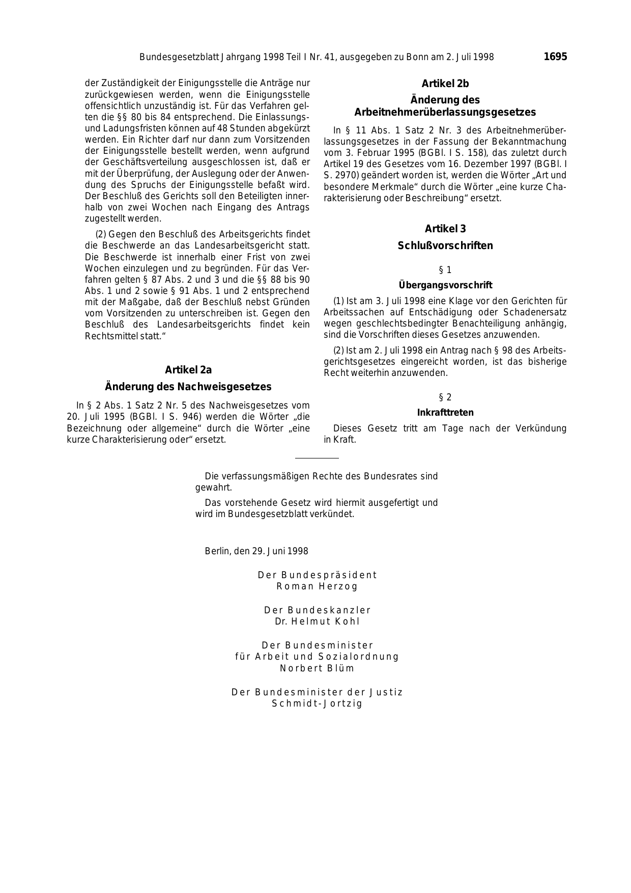 BGBl. 1998, Seite 1695 — Originalseite als Abbildung